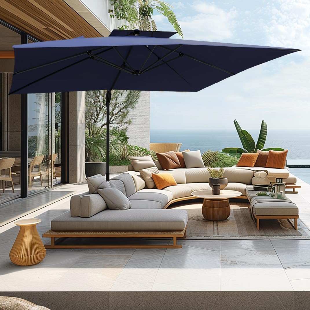 PHI VILLA 10ft Patio Cantilever Umbrella With Base, 360° Rotation & Infinite Tilt Aluminum Square Double Top Outdoor Offset Umbrella, Heavy Duty for Garden Poolside Backyard, Beige