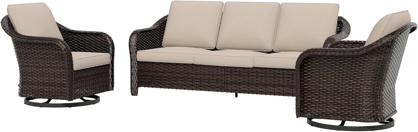 77 inch Outdoor Wicker 3 Seater Sofa, All-Weather Use Patio Rattan Sofa with Seat and Back Cushion, Ideal for Porch, Backyard, Balcony, Poolside, Beige