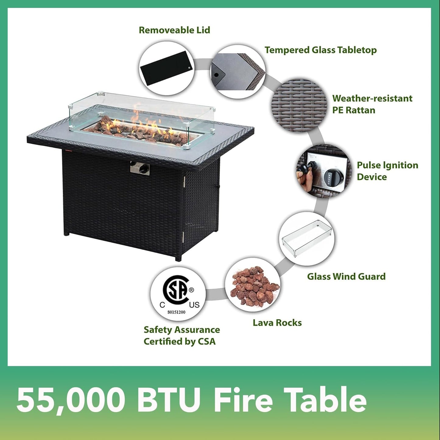7 Piece Outdoor Patio Furniture Black Wicker Conversation Set with Fully Assembled Sectional and 42-inch Propane Gas Fire Table