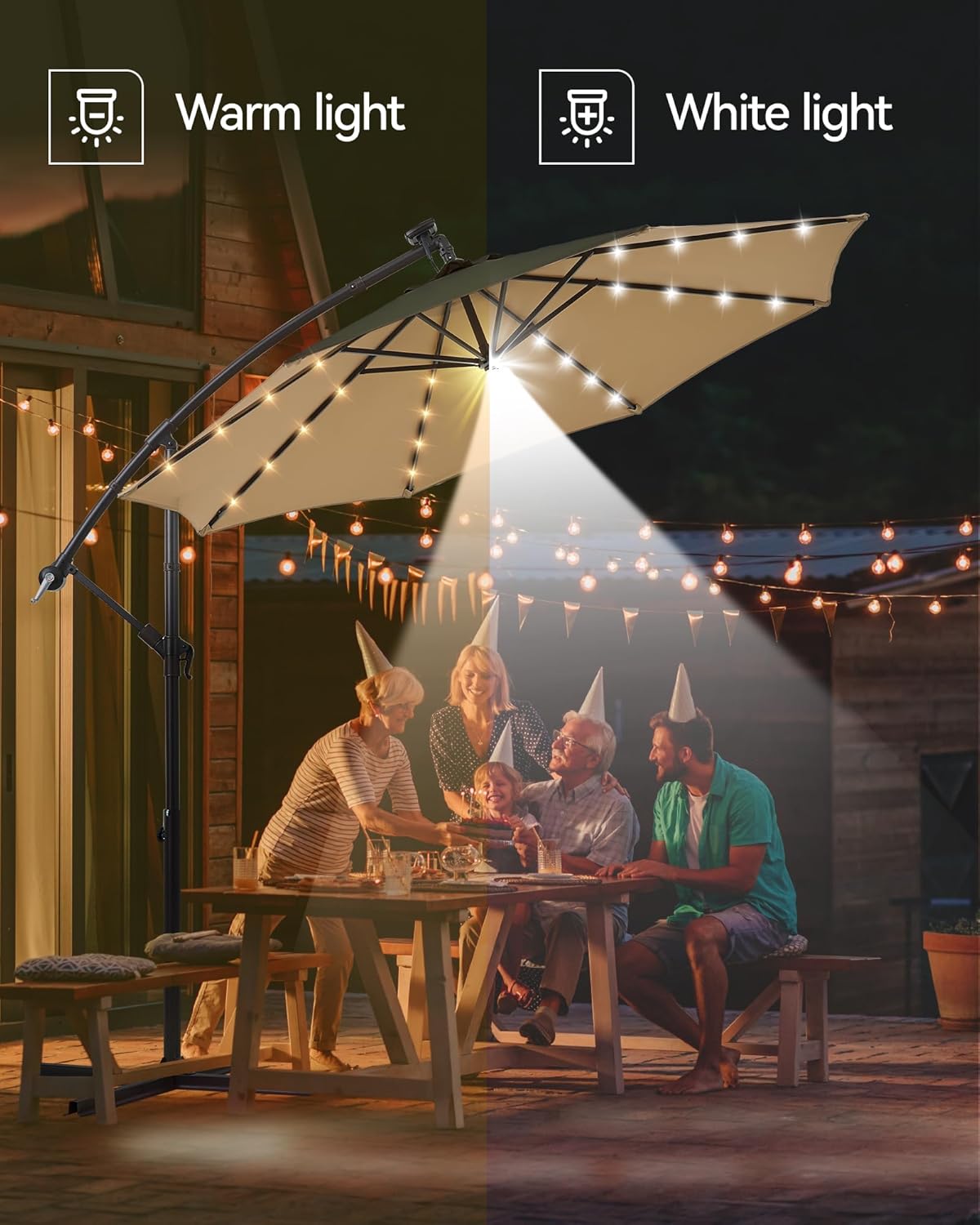 10 ft Offset Patio Umbrella with Solar Lights, 32 LED+1 Spotlight, Large Cantilever Umbrella Outdoor Patio, White & Warm Light Modes, Heavy Duty, for Pool, Deck, Market