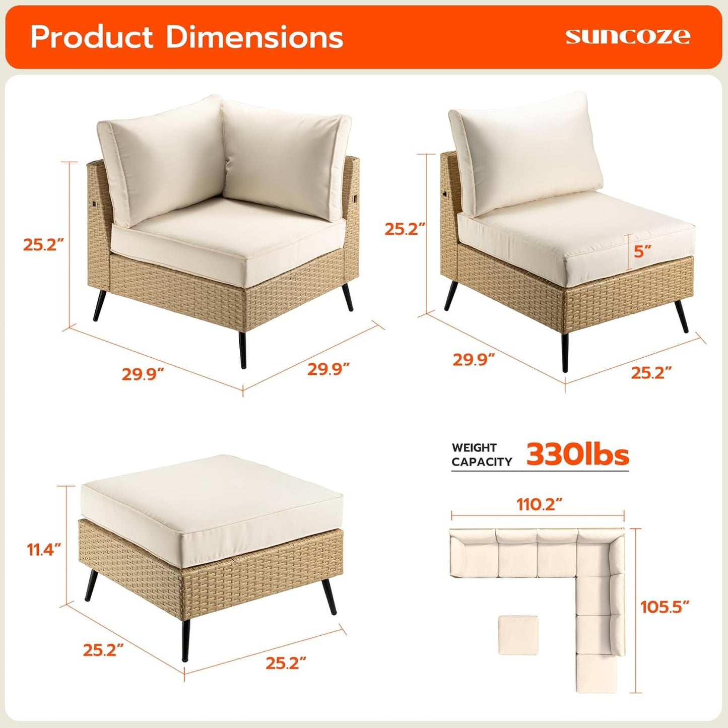 SUNCOZE 8 Pieces Outdoor Patio Furniture Sets, Outdoor Sectional Furniture PE Rattan Wicker Sofa Set, All Weather Patio Conversation Set with Cushion and Ottoman for Deck, Lawn and Pool