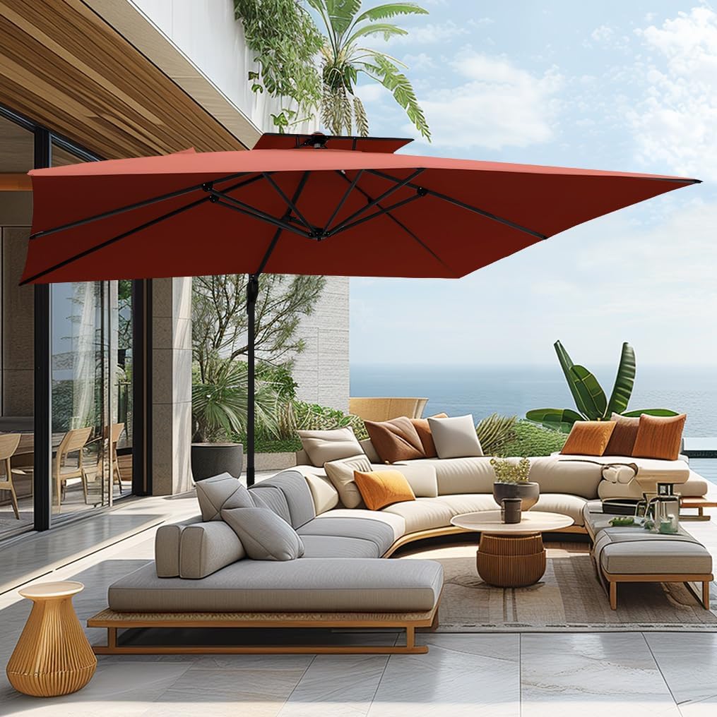PHI VILLA 10ft Patio Cantilever Umbrella With Base, 360° Rotation & Infinite Tilt Aluminum Square Double Top Outdoor Offset Umbrella, Heavy Duty for Garden Poolside Backyard, Beige