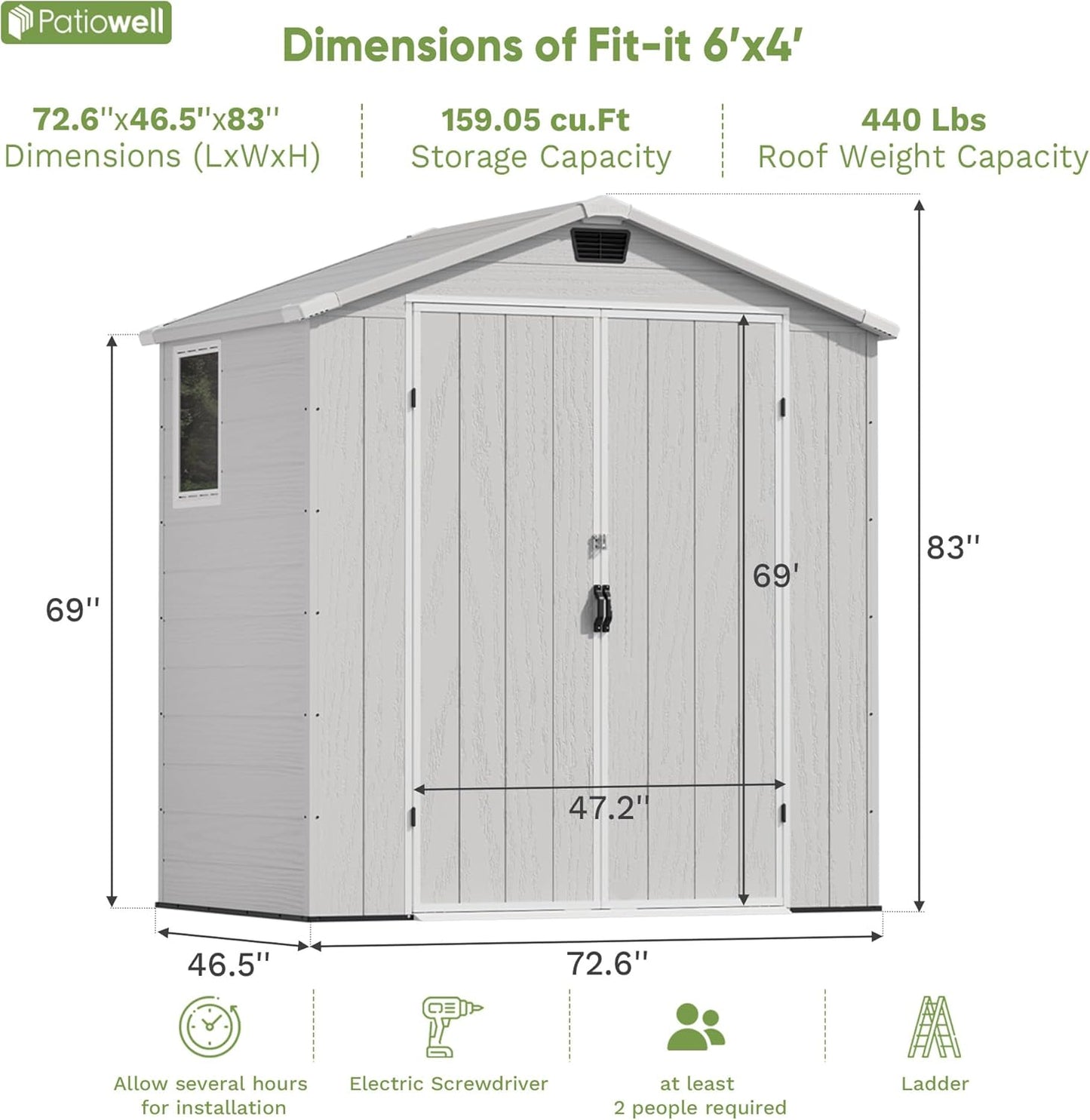 Patiowell 6 x 4 FT Plastic Outdoor Storage Shed with Floor, Resin Outside Tool Shed with Window and Lockable Door for Garden, Backyard, Tool Storage Use, Easy to Install, Light Grey
