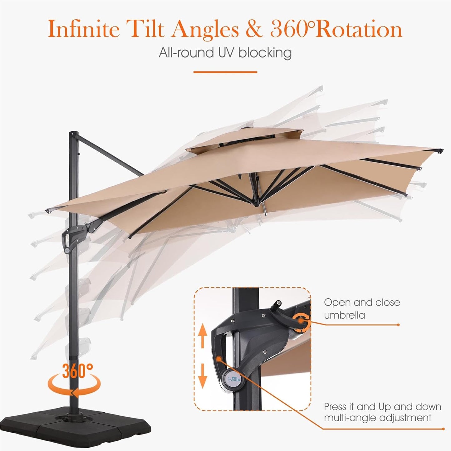PHI VILLA 10ft Patio Cantilever Umbrella With Base, 360° Rotation & Infinite Tilt Aluminum Square Double Top Outdoor Offset Umbrella, Heavy Duty for Garden Poolside Backyard, Beige