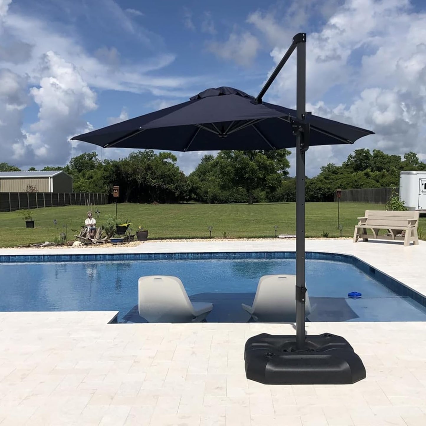 PURPLE LEAF 9' X 11.5' Cantilever Outdoor Rectangle Umbrella Patio Umbrella with Base Offset Umbrella with 360-degree Rotation for Garden Pool Deck Patio Navy Blue