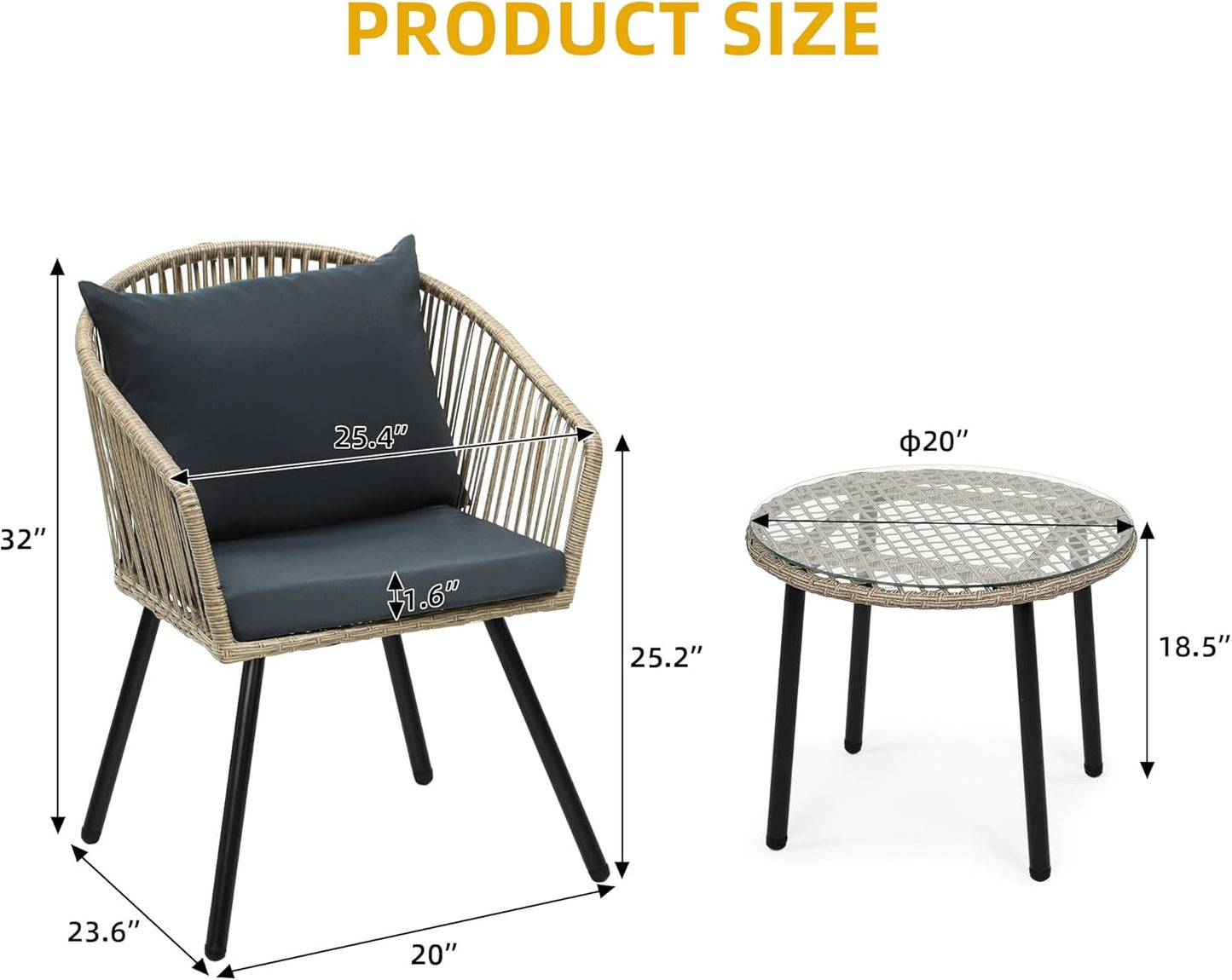 DWVO Bistro Table and Chairs Set of 2, Outdoor Patio Furniture Set with Cushion Chairs and Glass Table, Front Porch Furniture for Backyard, Deck, and Balcony, Gray