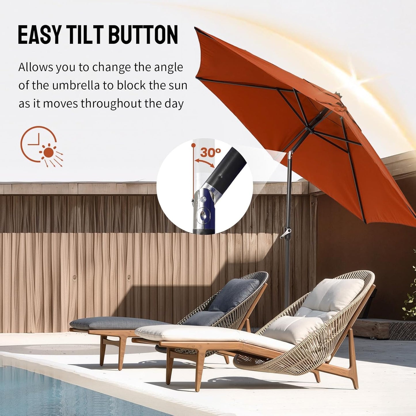 CROWN SHADES 9 Ft Patio Umbrella - Polyester Outdoor Umbrella with 30° Push Button Tilt, Patented Edge Connection Windproof Design for Patio, Pool, Garden & Table, UV Resistent