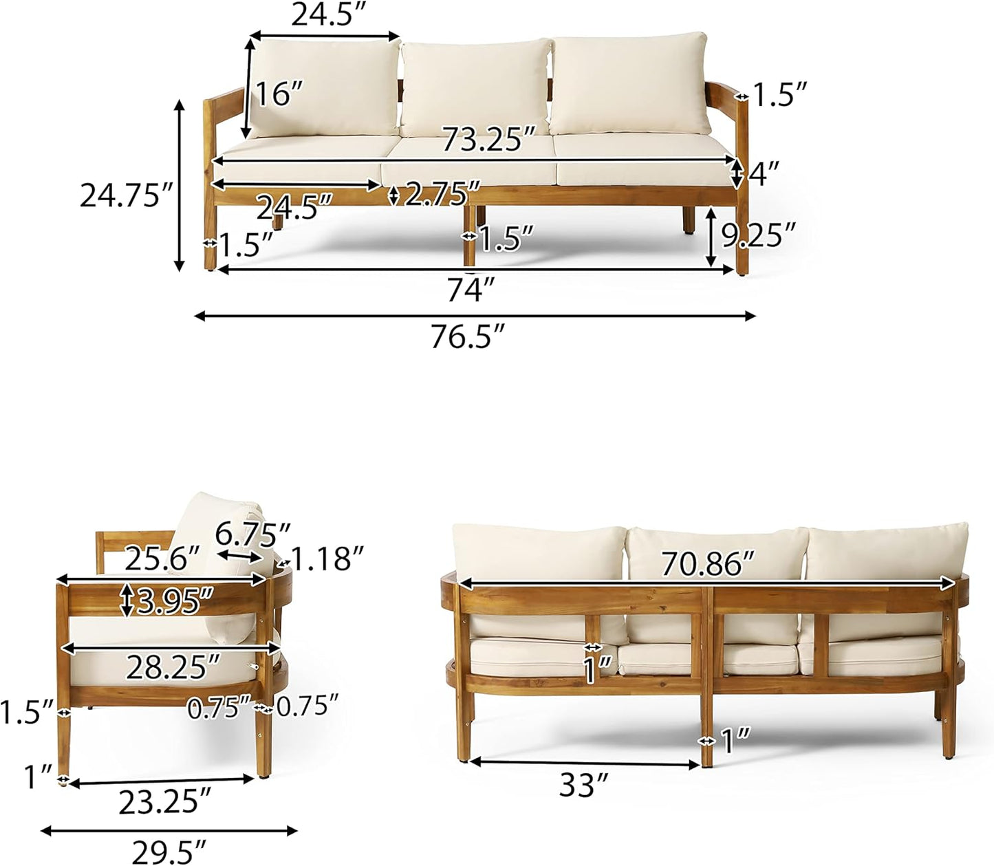 Christopher Knight Home Brooklyn Outdoor 3 Seater Sofa with Cushions - Acacia Wood - Teak/Beige