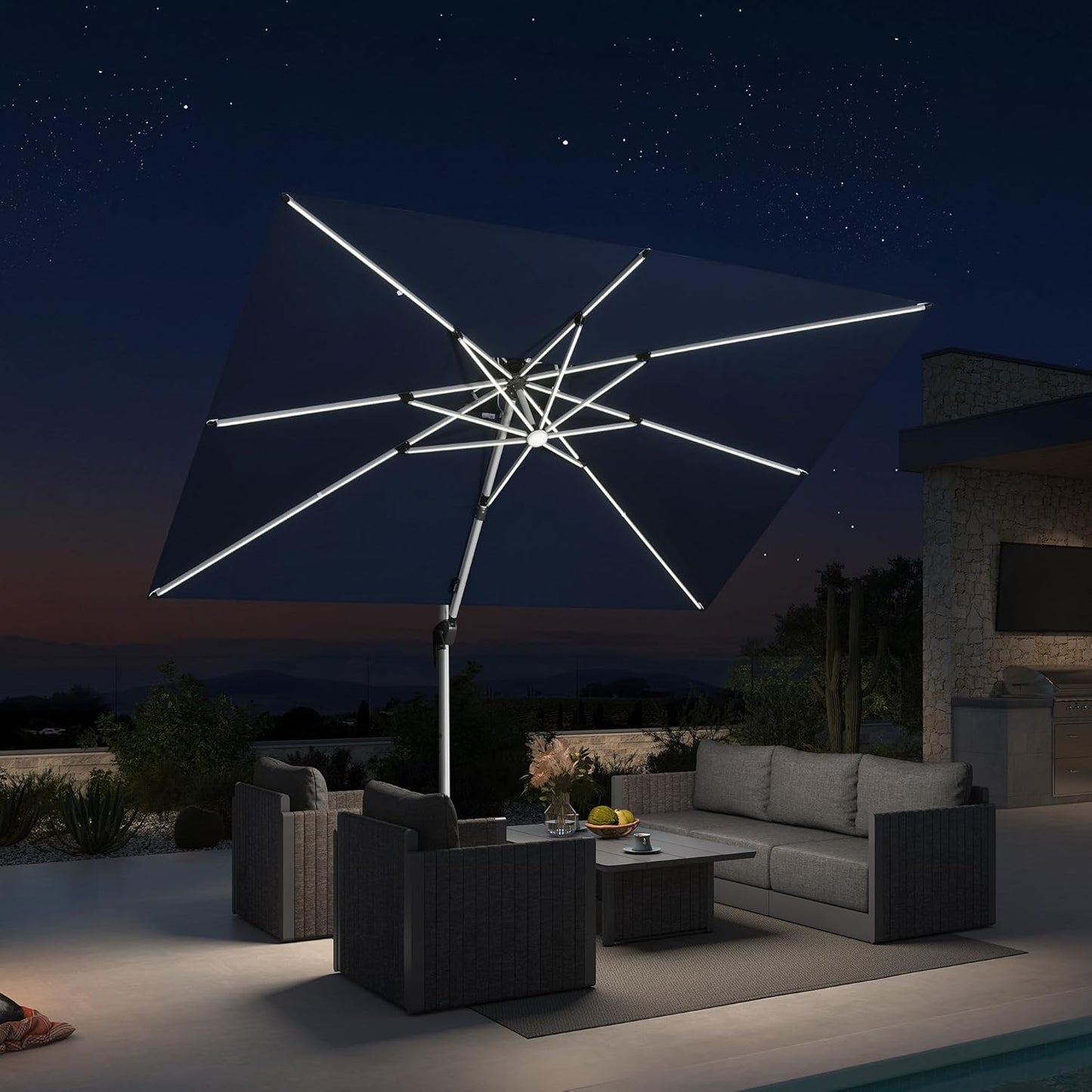 PURPLE LEAF 9' X 12' Solar Powered LED Patio Umbrella Cantilever Umbrellas Offset Double Top Hanging Outdoor Umbrella Market Umbrellas for Garden, Heather Taupe