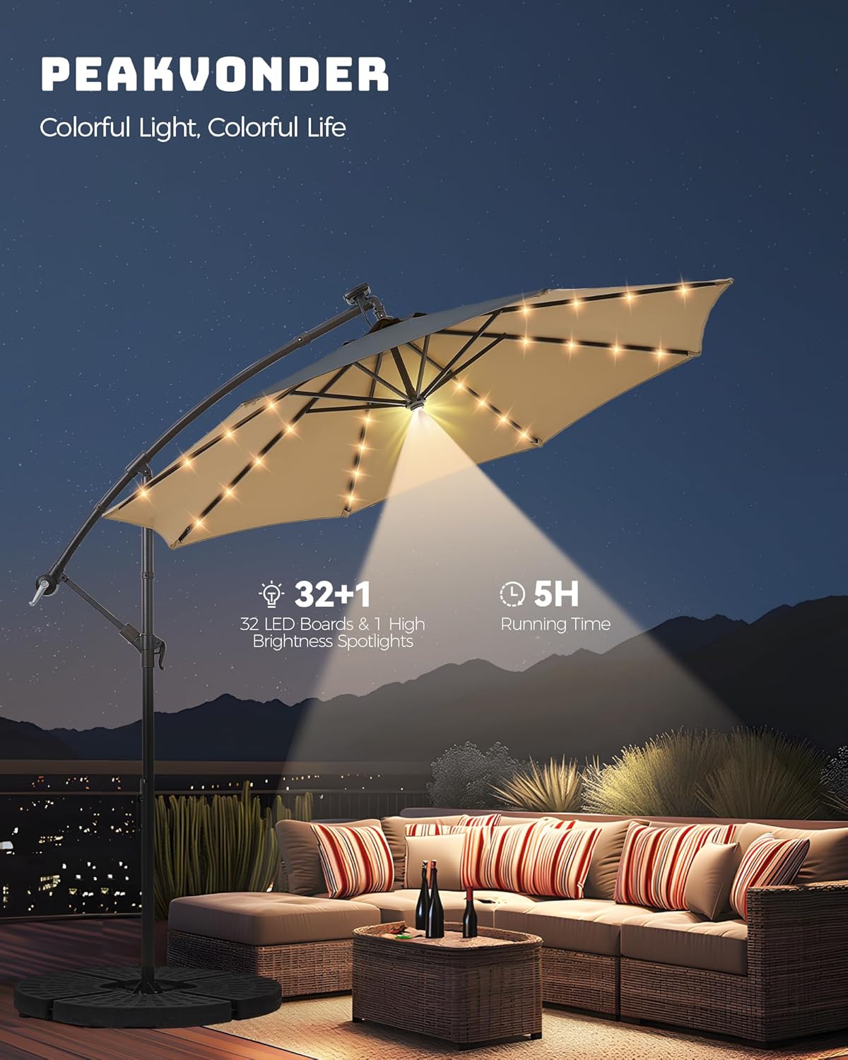 10 ft Offset Patio Umbrella with Solar Lights, 32 LED+1 Spotlight, Large Cantilever Umbrella Outdoor Patio, White & Warm Light Modes, Heavy Duty, for Pool, Deck, Market