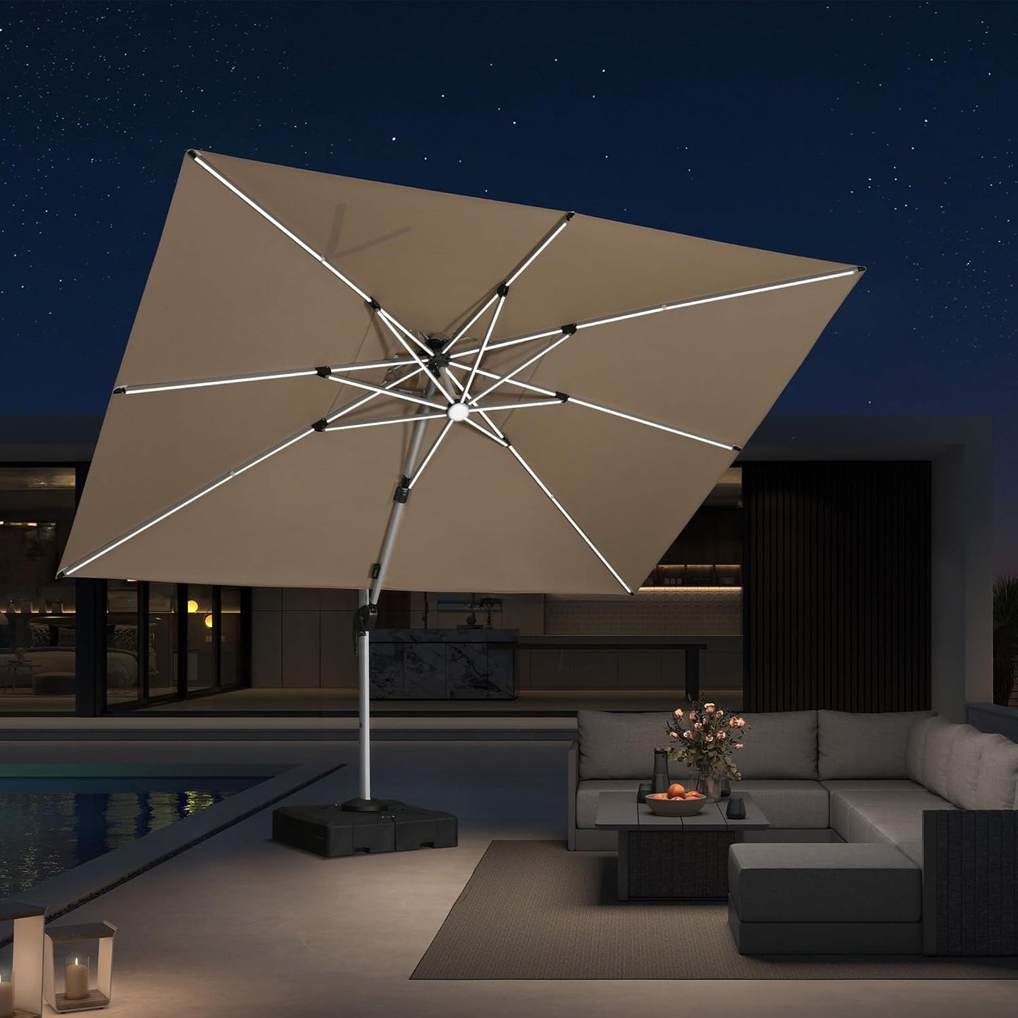 PURPLE LEAF 9' X 12' Solar Powered LED Patio Umbrella Cantilever Umbrellas Offset Double Top Hanging Outdoor Umbrella Market Umbrellas for Garden, Heather Taupe
