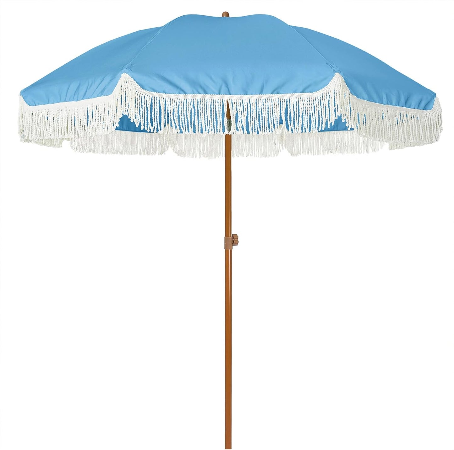 AMMSUN 7ft Patio Umbrella with Fringe Outdoor Tassel Umbrella UPF50+ Premium Steel Pole and Ribs Push Button Tilt, Navy Blue Stripes