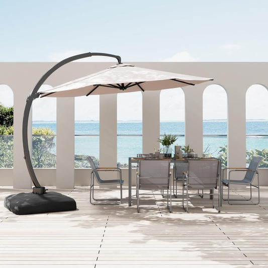 8-Piece patio furniture set with 11ft Cantilever aluminum umbrella, patio table and chairs set includes 6 Texlin Chairs, 1 Metal Table