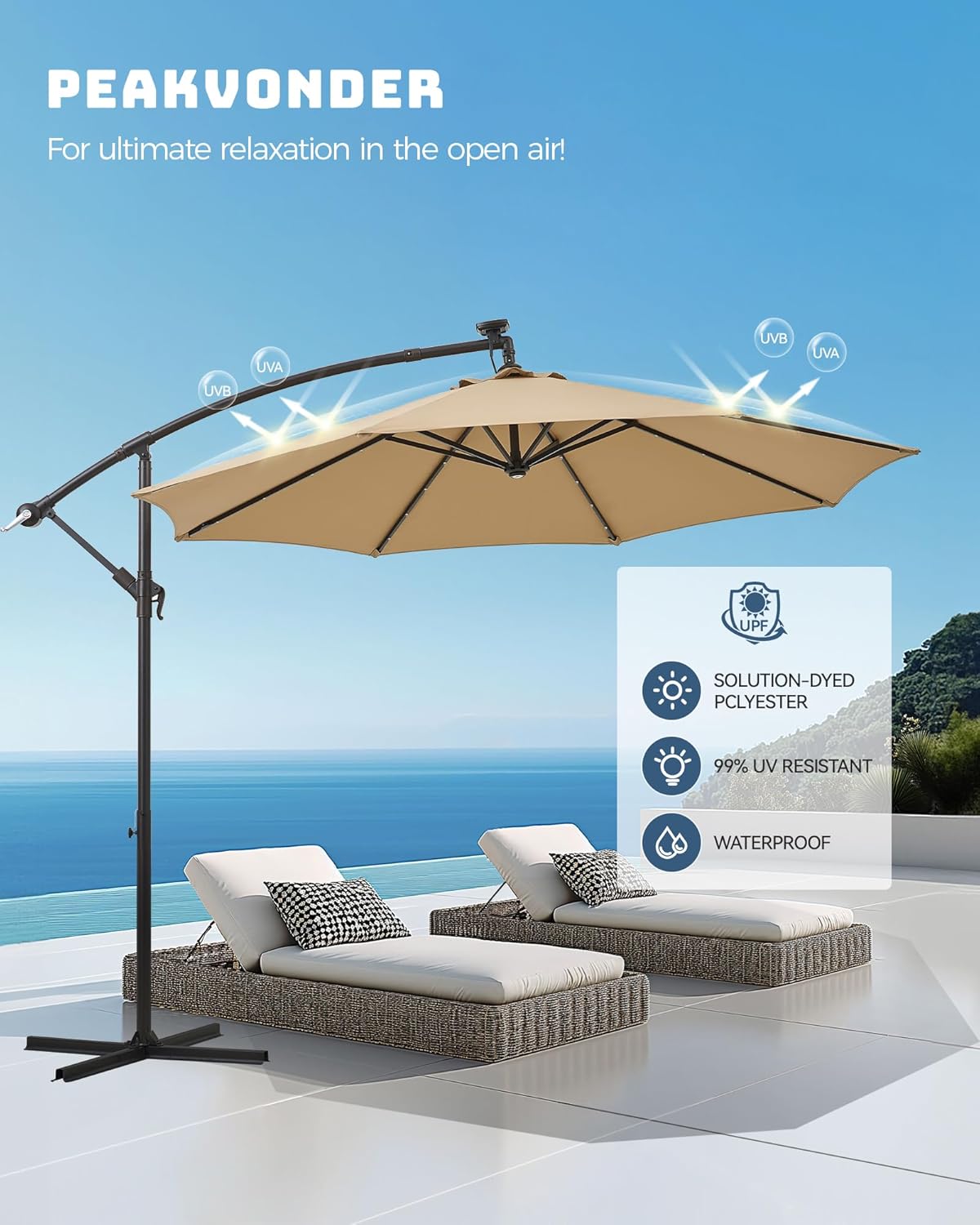 10 ft Offset Patio Umbrella with Solar Lights, 32 LED+1 Spotlight, Large Cantilever Umbrella Outdoor Patio, White & Warm Light Modes, Heavy Duty, for Pool, Deck, Market