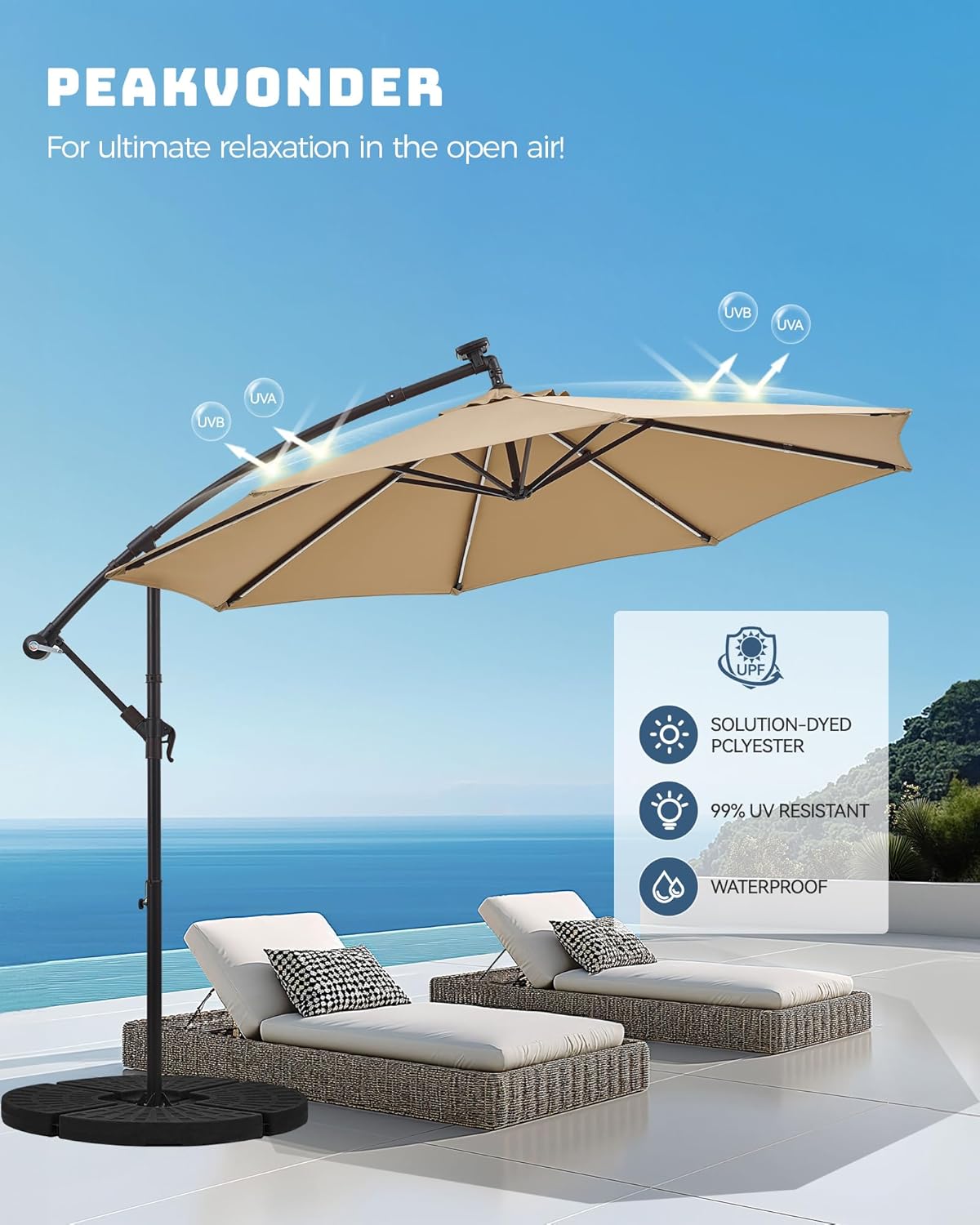 10 ft Offset Patio Umbrella with Solar Lights, Large Cantilever Outdoor Umbrellas for Patio, Dual Charging, 200+ Light Modes, Heavy Duty, for Pool, Deck, Market