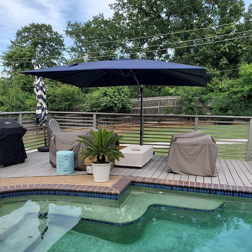 PURPLE LEAF 9' X 11.5' Cantilever Outdoor Rectangle Umbrella Patio Umbrella with Base Offset Umbrella with 360-degree Rotation for Garden Pool Deck Patio Navy Blue
