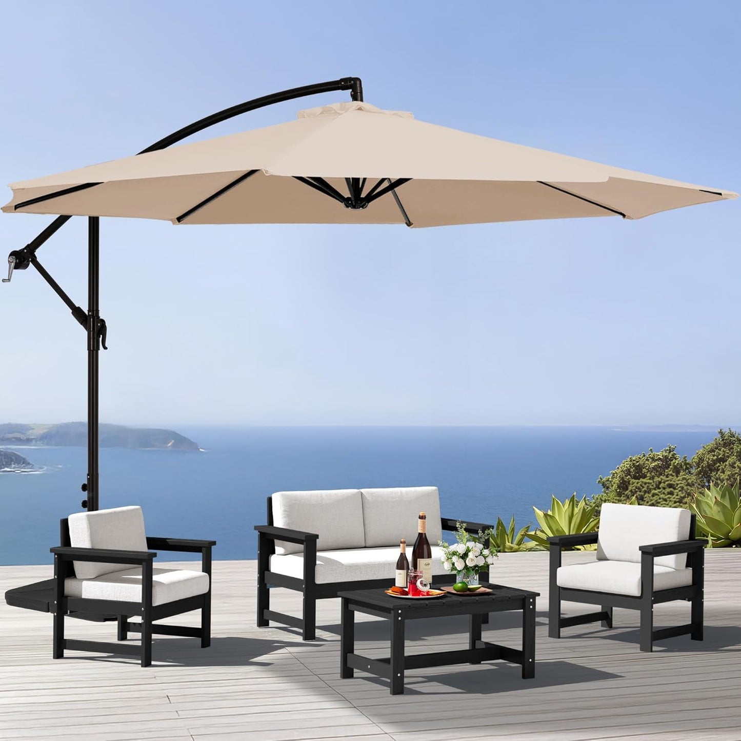 SERWALL 8 Pieces HDPE Outdoor Conversation Sofa Set with Cushions, All Weather Use Patio Couch Loveseat Furniture with Side Table for Balcony, Deck, Poolside, Black Frame with Khaki Cushions