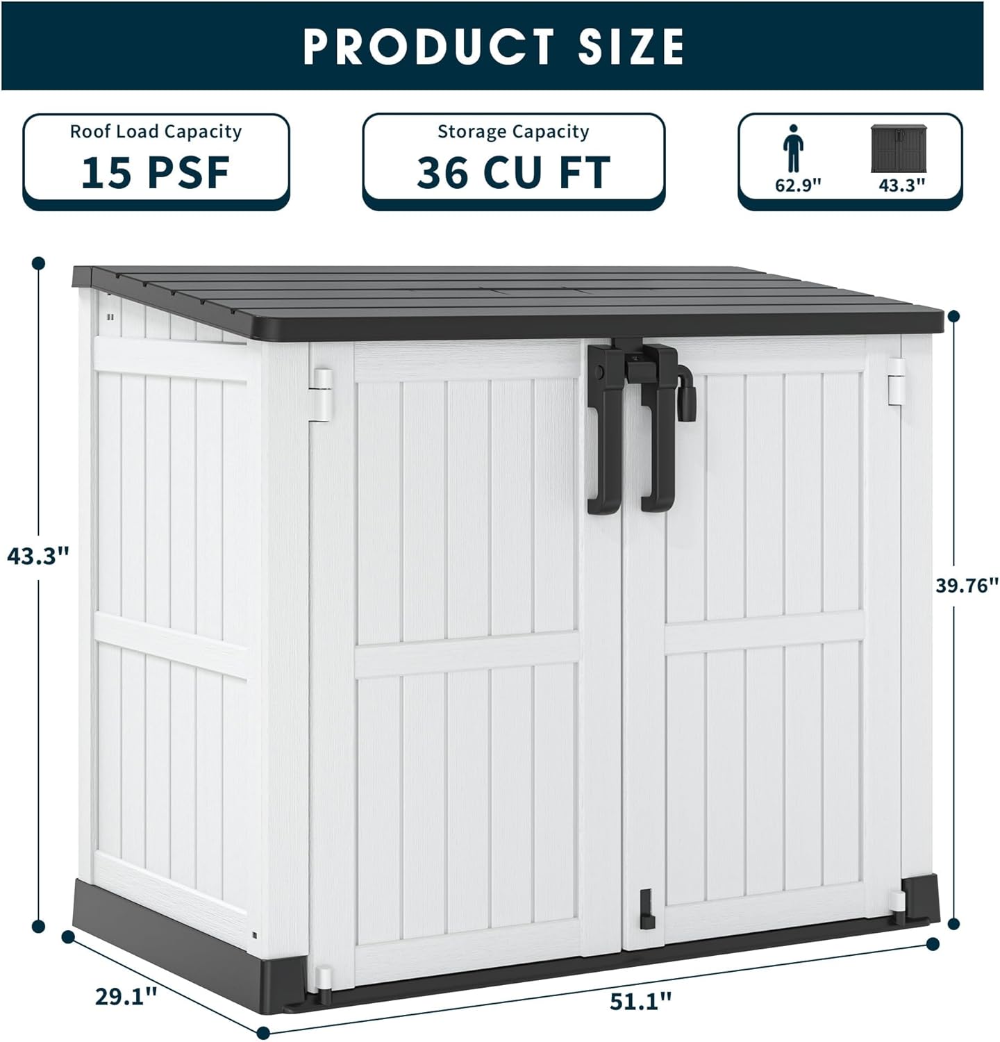 Outdoor Resin Storage Shed 36 Cu. Ft. Garden Horizontal Storage Large Capacity Weather Resistant Storage Box, Lockable Resin Waterproof Shed for Garbage Cans, Garden Tools