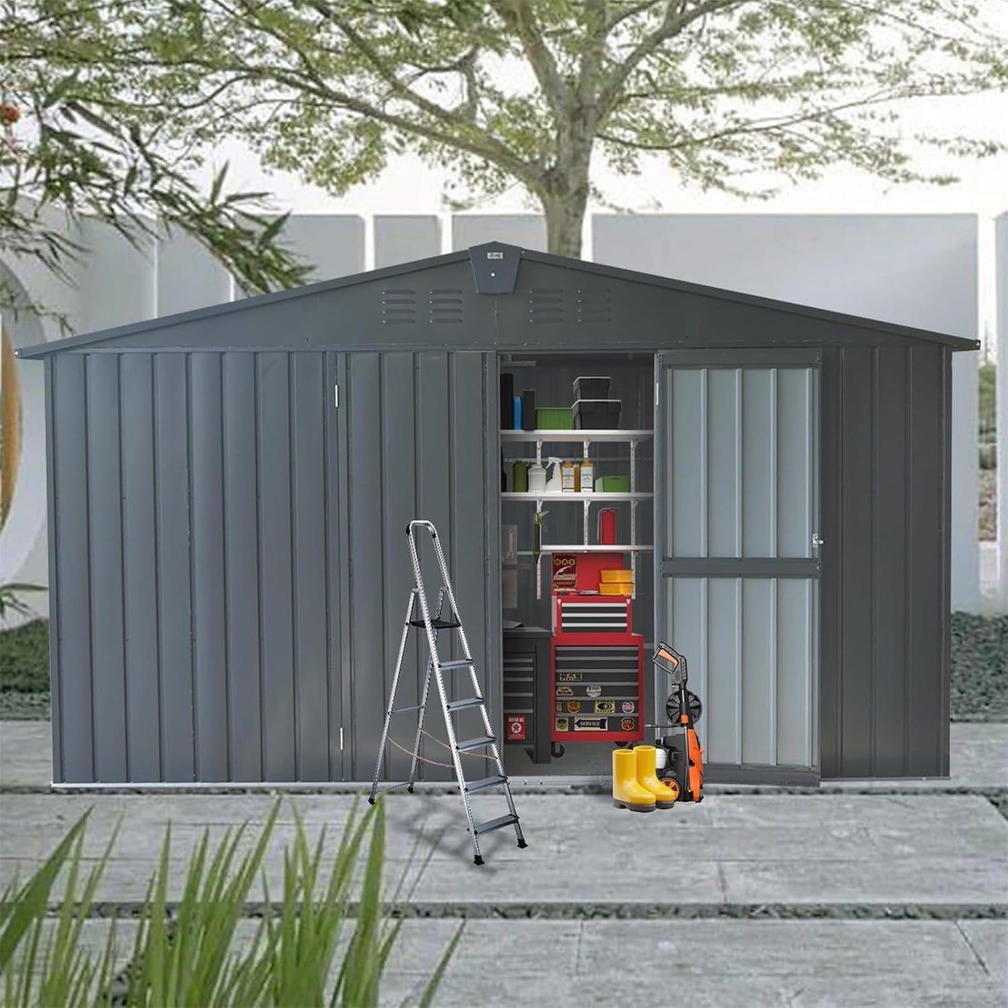 Large Storage Shed 11x12.5ft with Windows, Galvanized Steel Outdoor Garden Shed - 900 Cu.Ft Utility Tool Room, Lockable Double Doors & Sloped Roof for Patio, Backyard (Brown)