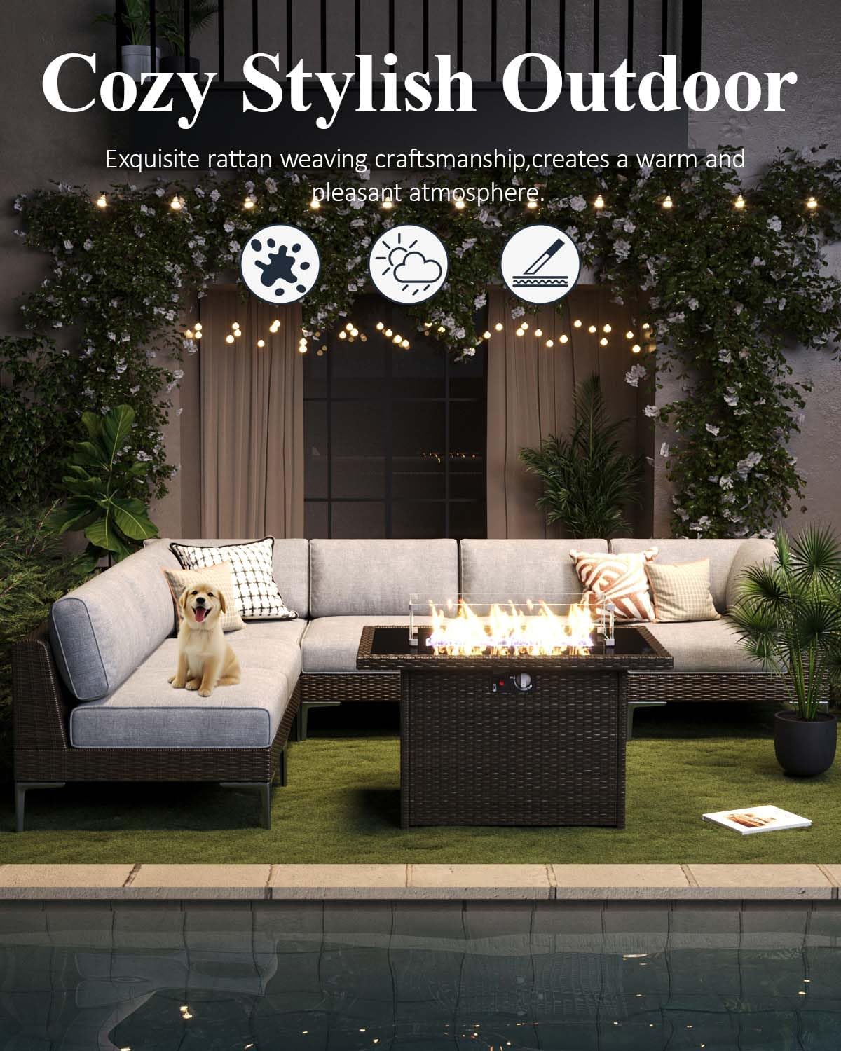 LayinSun 10-Piece Outdoor Modular Wicker Sectional Sofa with Fire Pit Table, Patio Furniture Conversation Set with Deep Seating and Thick Cushions