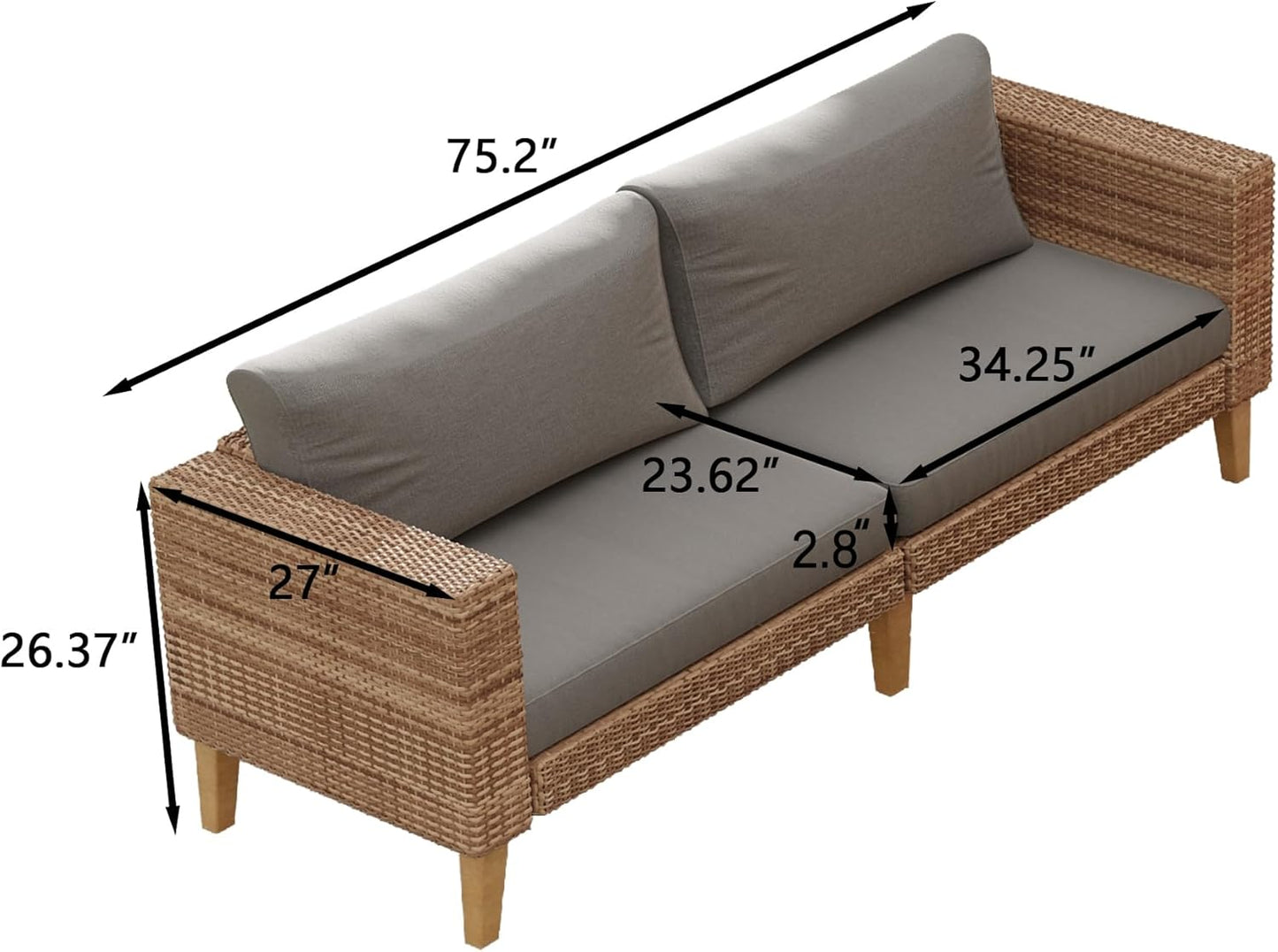 WiberWi Outdoor Couch, All Weather Patio Sofa with Acacia Wood Legs, PE Wicker Outdoor Furniture Deep Seating, Rattan Loveseat for Garden, Backyard, Balcony and Porch, Grey