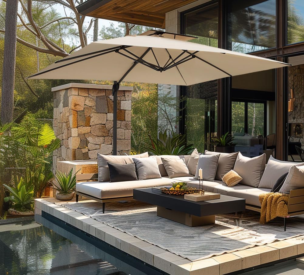 PHI VILLA 10ft Patio Cantilever Umbrella With Base, 360° Rotation & Infinite Tilt Aluminum Square Double Top Outdoor Offset Umbrella, Heavy Duty for Garden Poolside Backyard, Beige