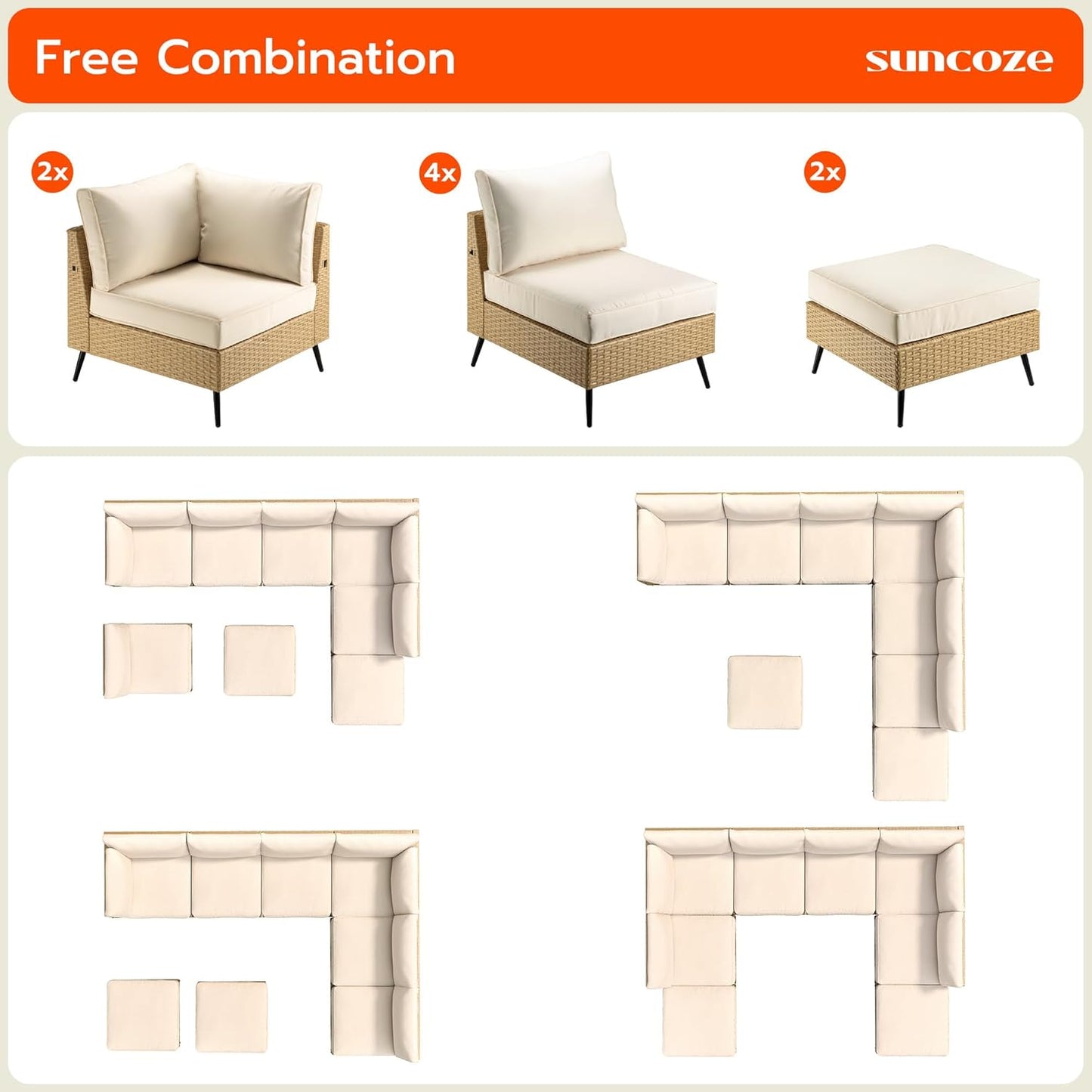 SUNCOZE 8 Pieces Outdoor Patio Furniture Sets, Outdoor Sectional Furniture PE Rattan Wicker Sofa Set, All Weather Patio Conversation Set with Cushion and Ottoman for Deck, Lawn and Pool