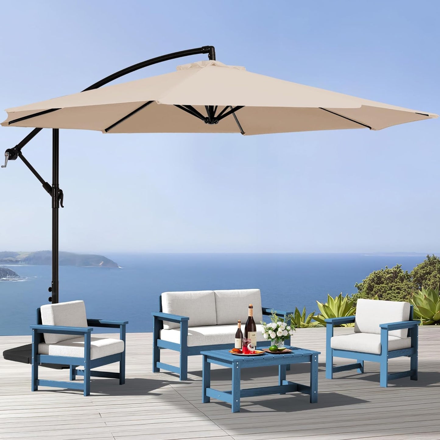 SERWALL 8 Pieces HDPE Outdoor Conversation Sofa Set with Cushions, All Weather Use Patio Couch Loveseat Furniture with Side Table for Balcony, Deck, Poolside, Black Frame with Khaki Cushions