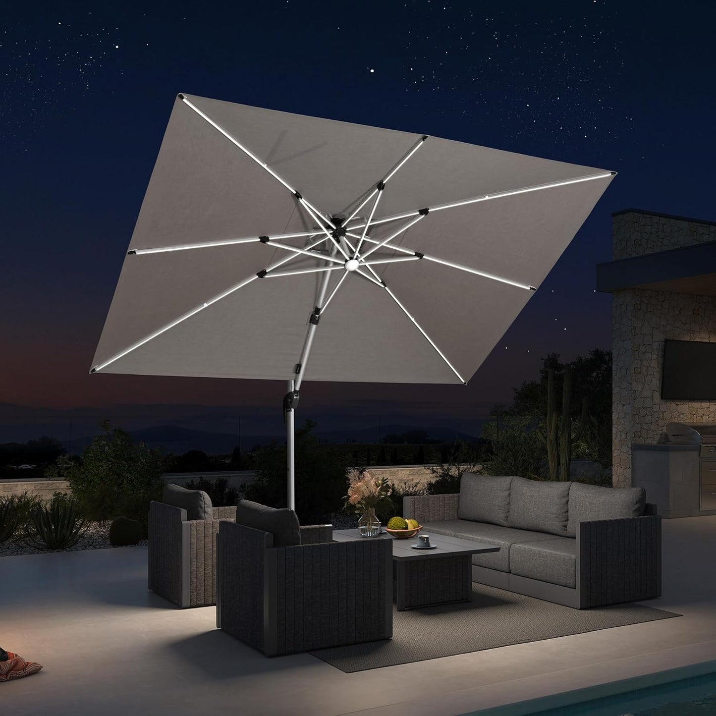 PURPLE LEAF 9' X 12' Solar Powered LED Patio Umbrella Cantilever Umbrellas Offset Double Top Hanging Outdoor Umbrella Market Umbrellas for Garden, Heather Taupe