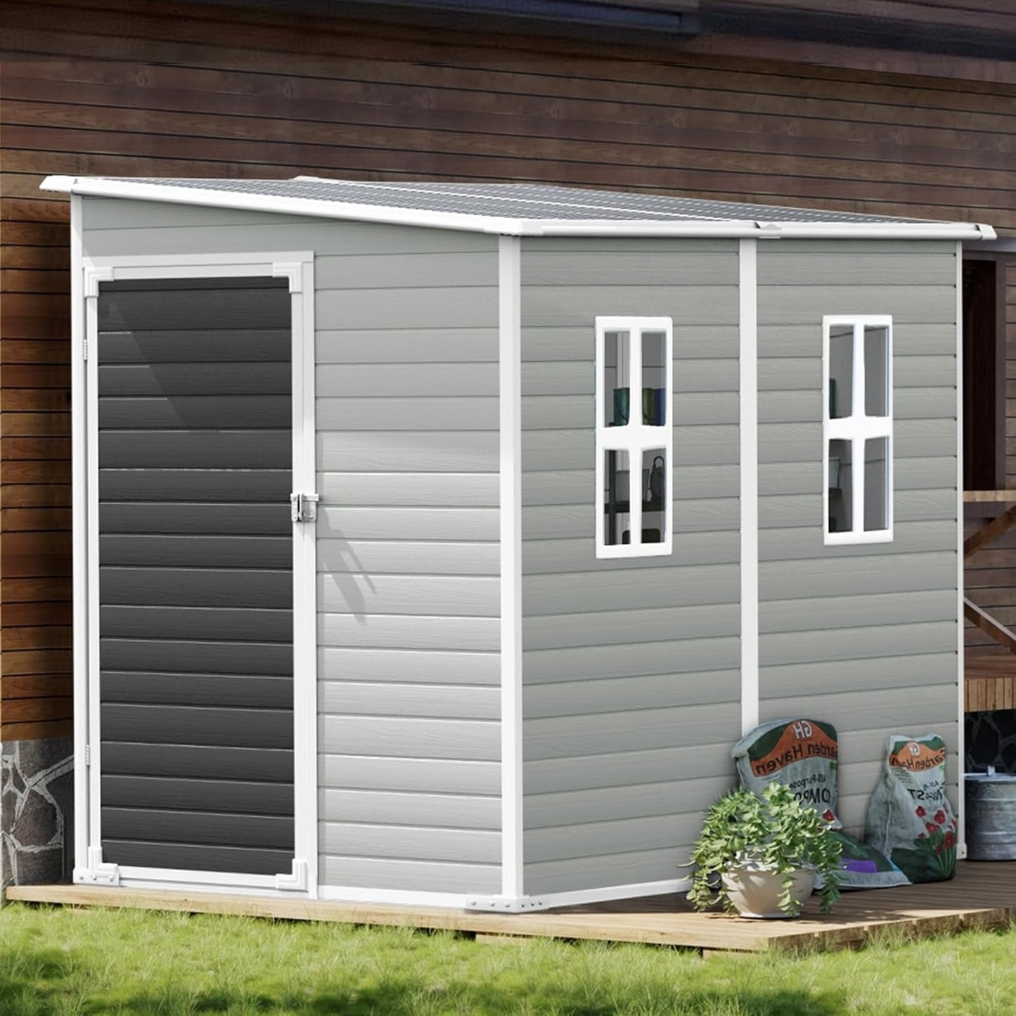 8x6x7 FT Resin Storage Shed, Waterproof Outdoor Storage Shed w/Floor, 2 Windows, Double Lockable Doors & Vents, Tool Shed for Patio Garden, Lawn, Backyard, Dove Grey