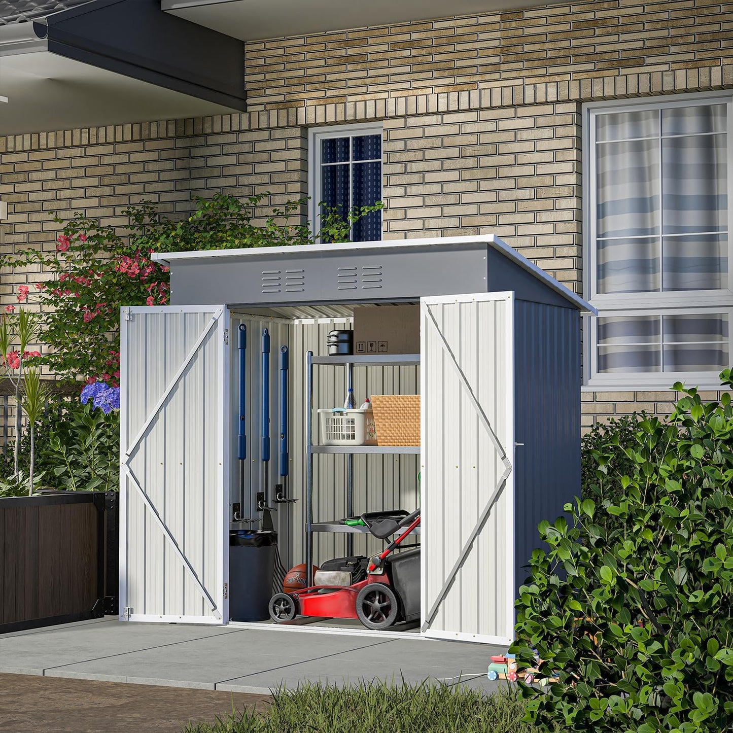 Large Storage Shed 11x12.5ft with Windows, Galvanized Steel Outdoor Garden Shed - 900 Cu.Ft Utility Tool Room, Lockable Double Doors & Sloped Roof for Patio, Backyard (Brown)