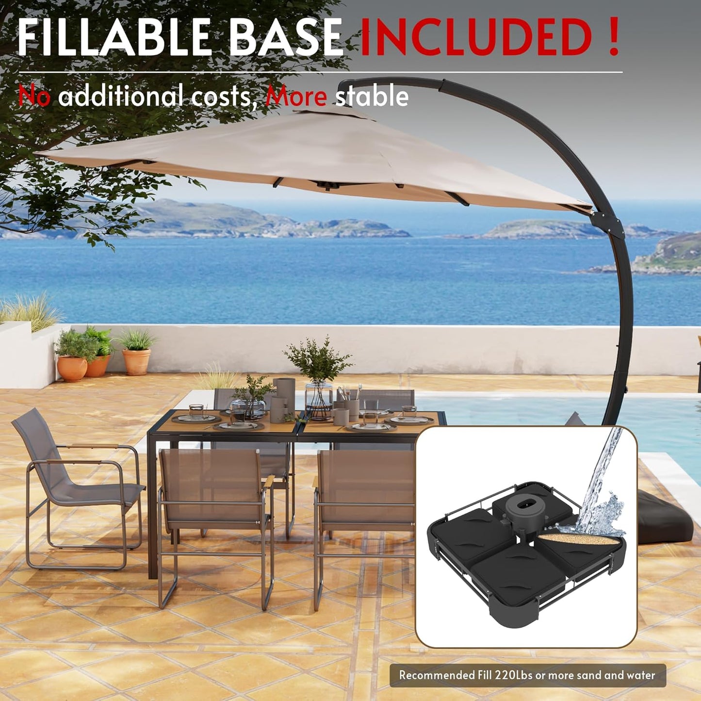 8-Piece patio furniture set with 11ft Cantilever aluminum umbrella, patio table and chairs set includes 6 Texlin Chairs, 1 Metal Table