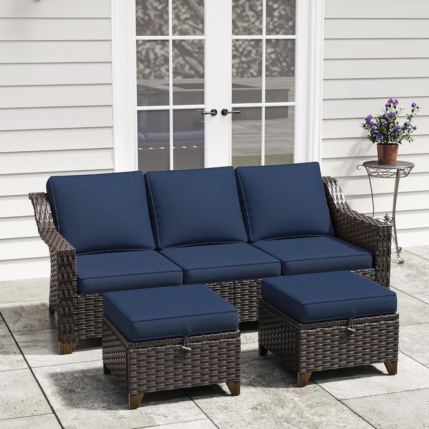 77'' Patio Sofa, All Weather Outdoor Rattan Wicker 3-Seat Sofa High Back Couch with Premium Cushions for Garden Backyard Porch(Brown/Navy)