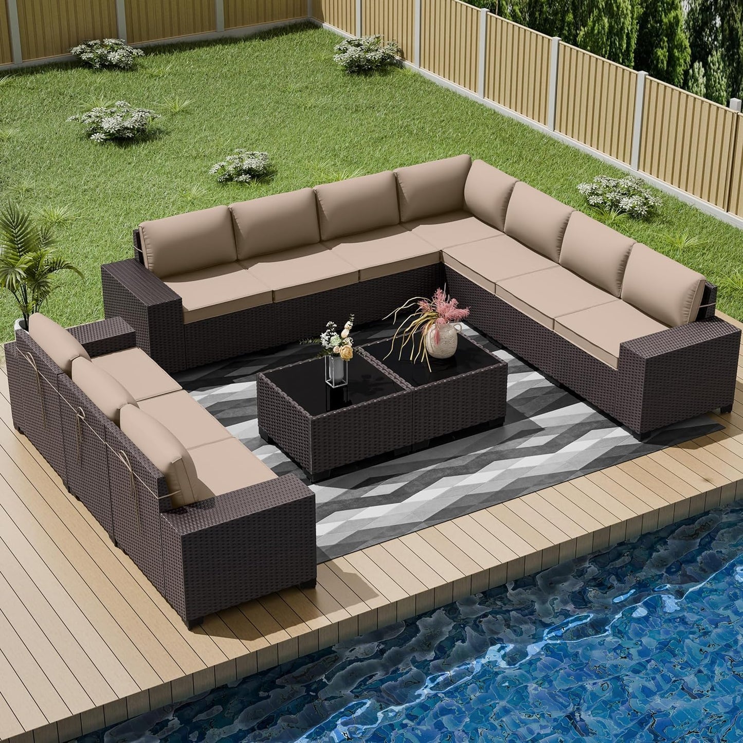 12 Pcs Outdoor Patio Furniture Set Outdoor Furniture All Weather Patio Sectional Sofa PE Wicker Modular Conversation Sets with Coffee Table, Swivel Rocking Chair (Grey)