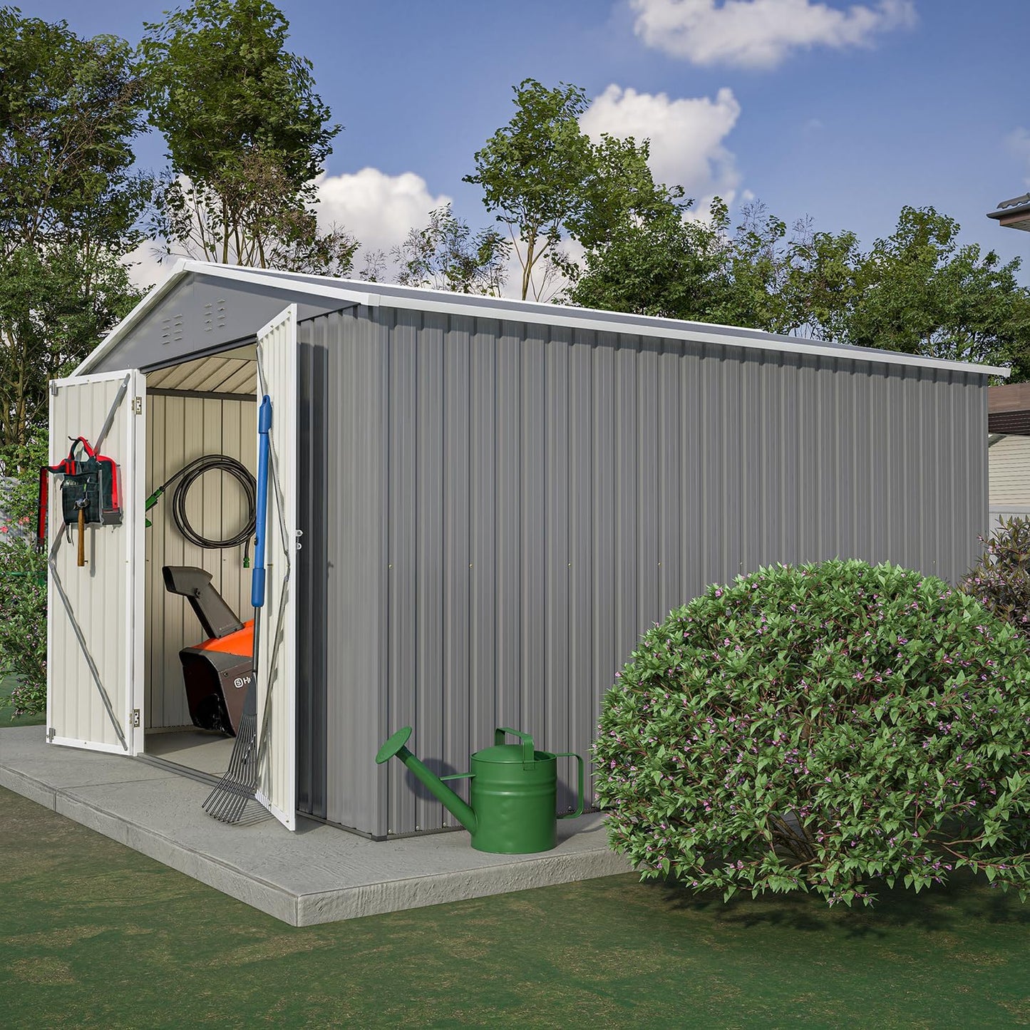Large Storage Shed 11x12.5ft with Windows, Galvanized Steel Outdoor Garden Shed - 900 Cu.Ft Utility Tool Room, Lockable Double Doors & Sloped Roof for Patio, Backyard (Brown)