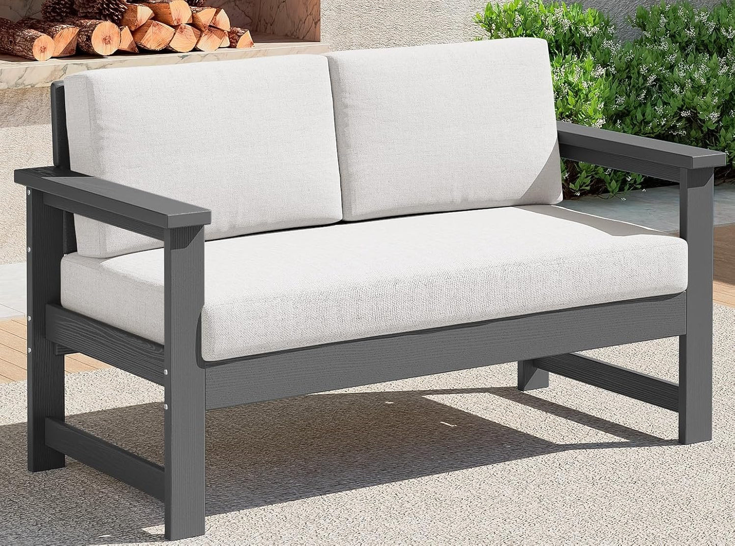 SERWALL 8 Pieces HDPE Outdoor Conversation Sofa Set with Cushions, All Weather Use Patio Couch Loveseat Furniture with Side Table for Balcony, Deck, Poolside, Black Frame with Khaki Cushions