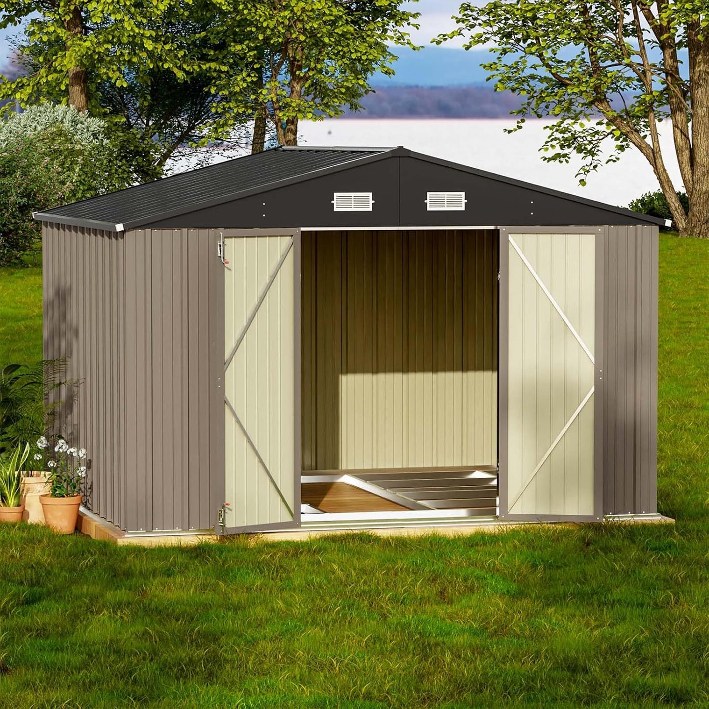 Patiowell 5x3 FT Outdoor Storage Shed, Tool Shed with Sloping Roof and Lockable Door, Metal Shed for Backyard Garden Patio Lawn, Brown