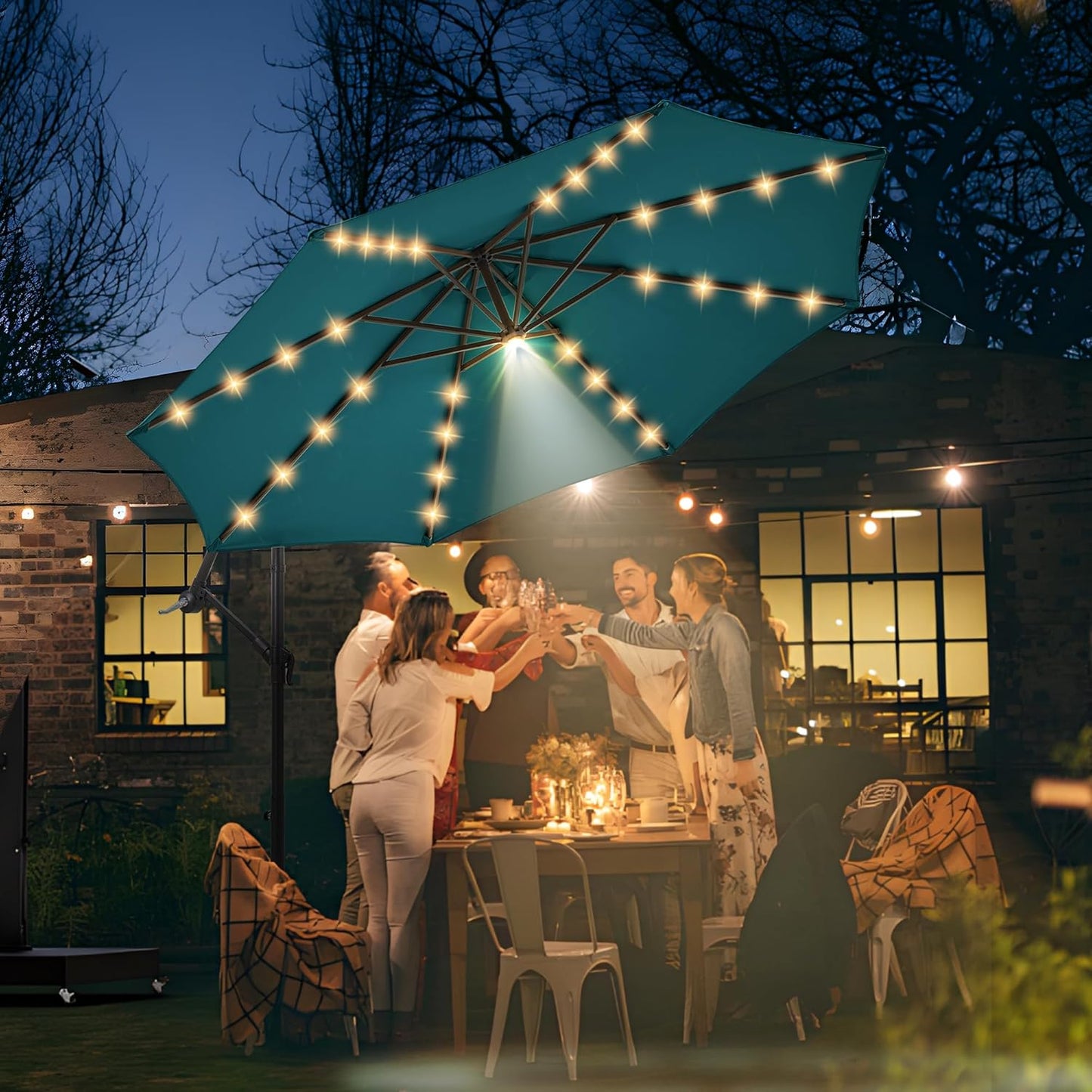 10 ft Offset Patio Umbrella with Solar Lights, 32 LED+1 Spotlight, Large Cantilever Umbrella Outdoor Patio, White & Warm Light Modes, Heavy Duty, for Pool, Deck, Market