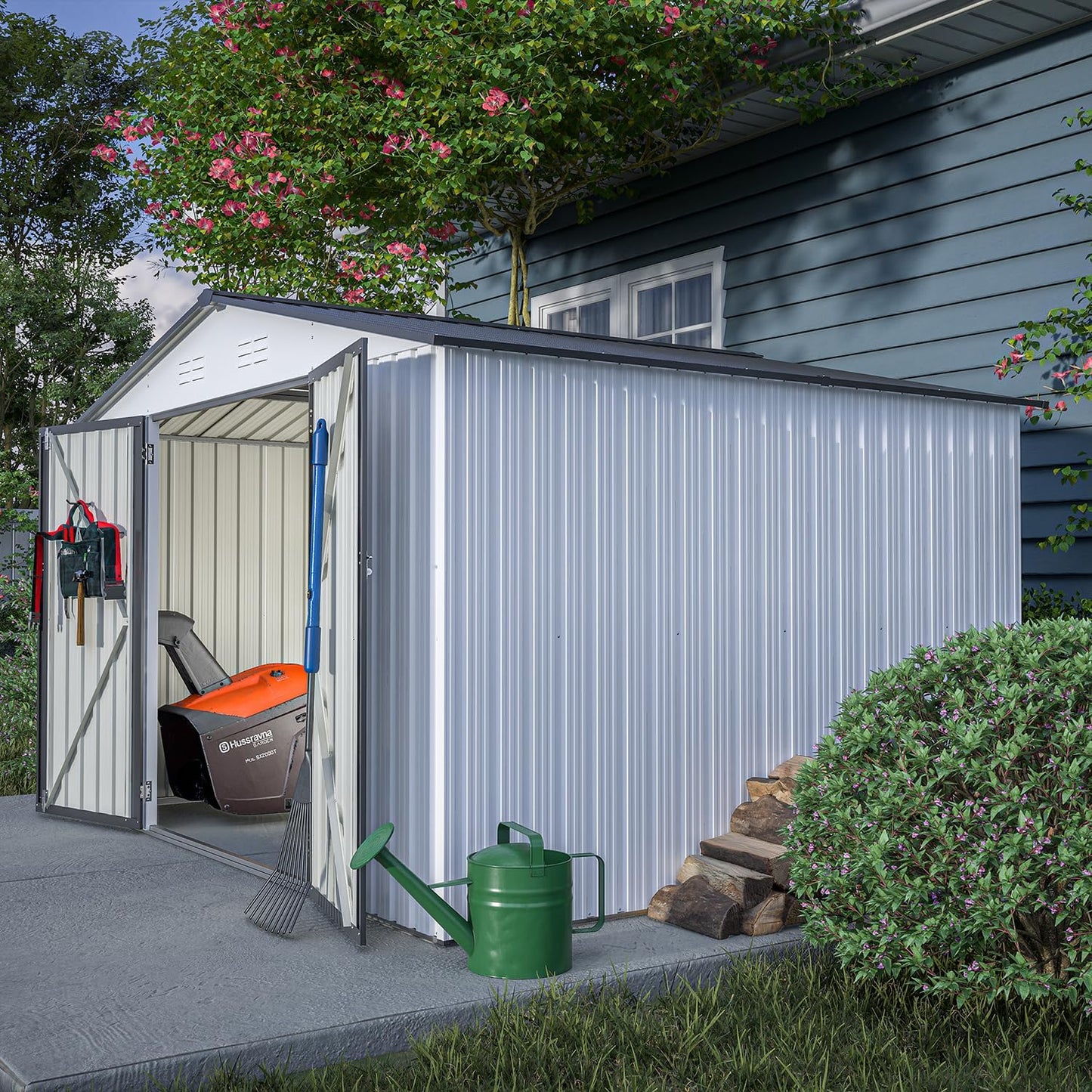 Large Storage Shed 11x12.5ft with Windows, Galvanized Steel Outdoor Garden Shed - 900 Cu.Ft Utility Tool Room, Lockable Double Doors & Sloped Roof for Patio, Backyard (Brown)