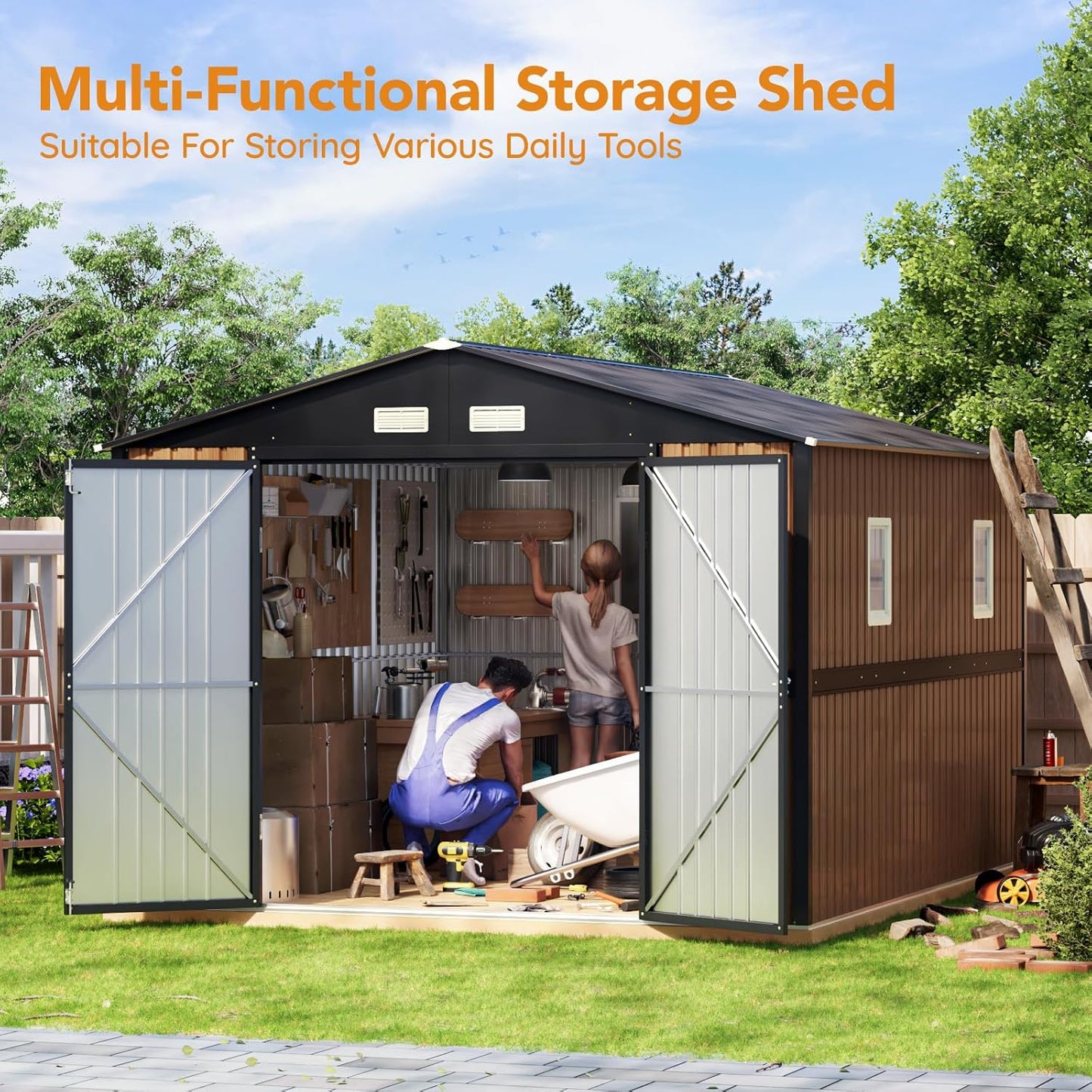 10X12 FT Outdoor Metal Storage Shed with Lockable Doors & 2 Windows, Storage Shed Large with Metal Frame Floor for Patio Storage, Garbage Can, Chicken Coop(Wood Panels Not Included)