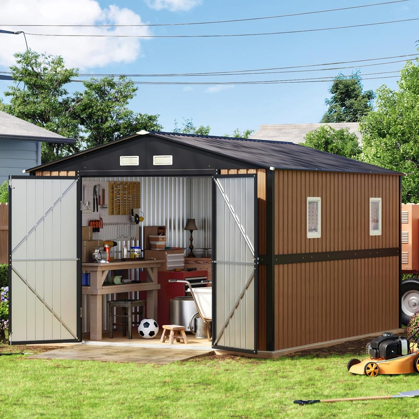 10X12 FT Outdoor Metal Storage Shed with Lockable Doors & 2 Windows, Storage Shed Large with Metal Frame Floor for Patio Storage, Garbage Can, Chicken Coop(Wood Panels Not Included)