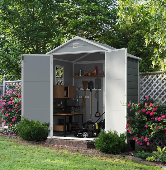 Devoko 6x4 FT Outdoor Storage Shed, Plastic Resin Garden Shed with Lockable Door & Built-in Floor, Waterproof Tool Shed for Backyard, Patio, Lawn, Pool Supplies (Grey)