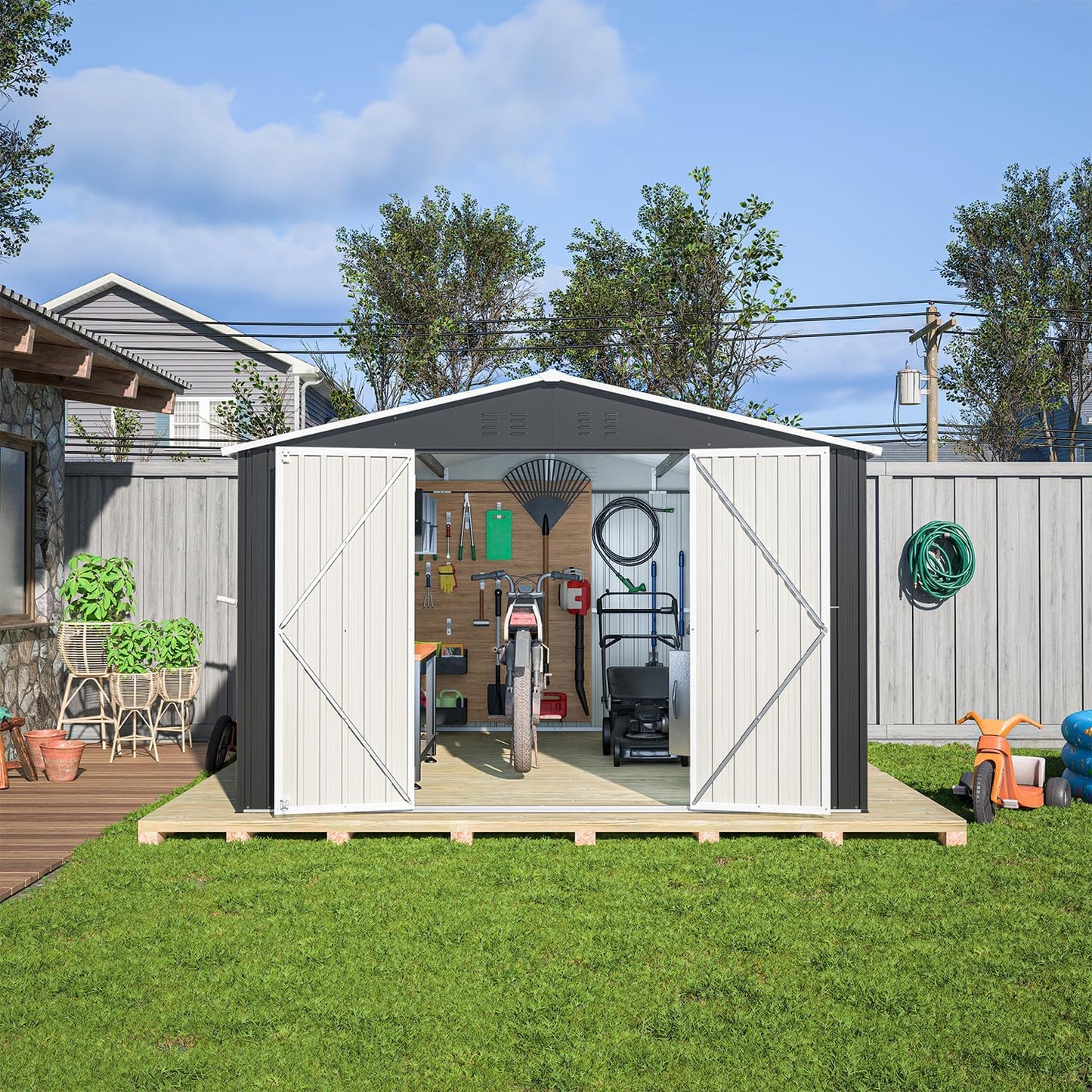 Large Storage Shed 11x12.5ft with Windows, Galvanized Steel Outdoor Garden Shed - 900 Cu.Ft Utility Tool Room, Lockable Double Doors & Sloped Roof for Patio, Backyard (Brown)