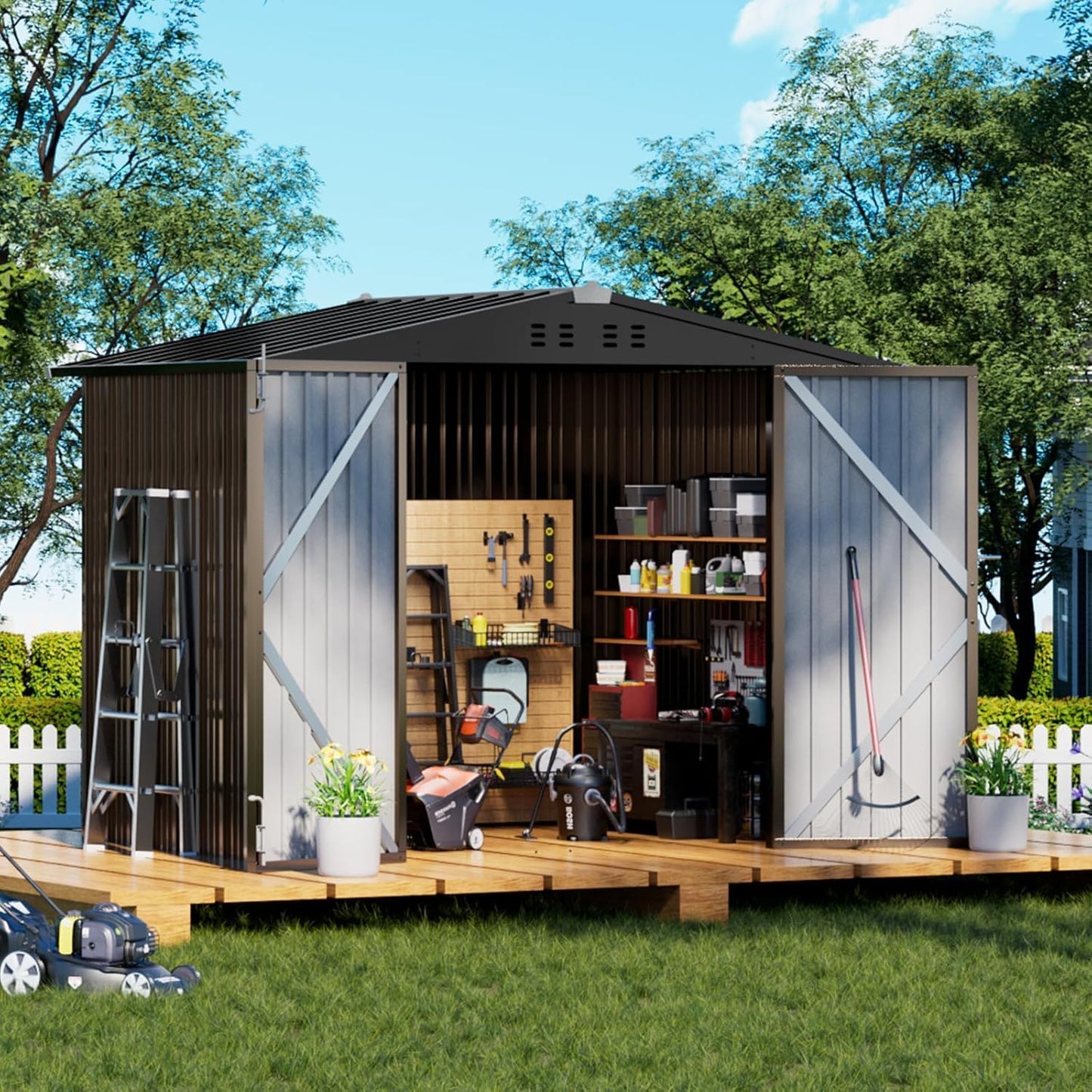 COMHOMA Shed Outdoor Storage Shed Metal,Lockable Doors Tool Sheds with Sloping Roof,Steel Garden Shed with Air Vent for Backyard,Patio,Lawn,Poolside (Grey, 5x3)