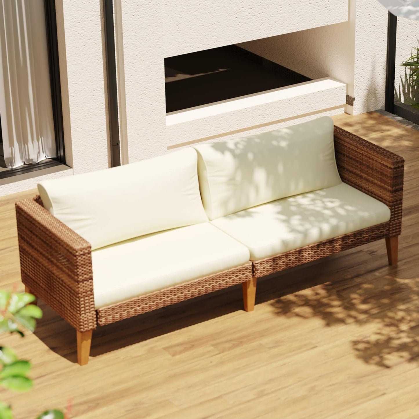 WiberWi Outdoor Couch, All Weather Patio Sofa with Acacia Wood Legs, PE Wicker Outdoor Furniture Deep Seating, Rattan Loveseat for Garden, Backyard, Balcony and Porch, Grey