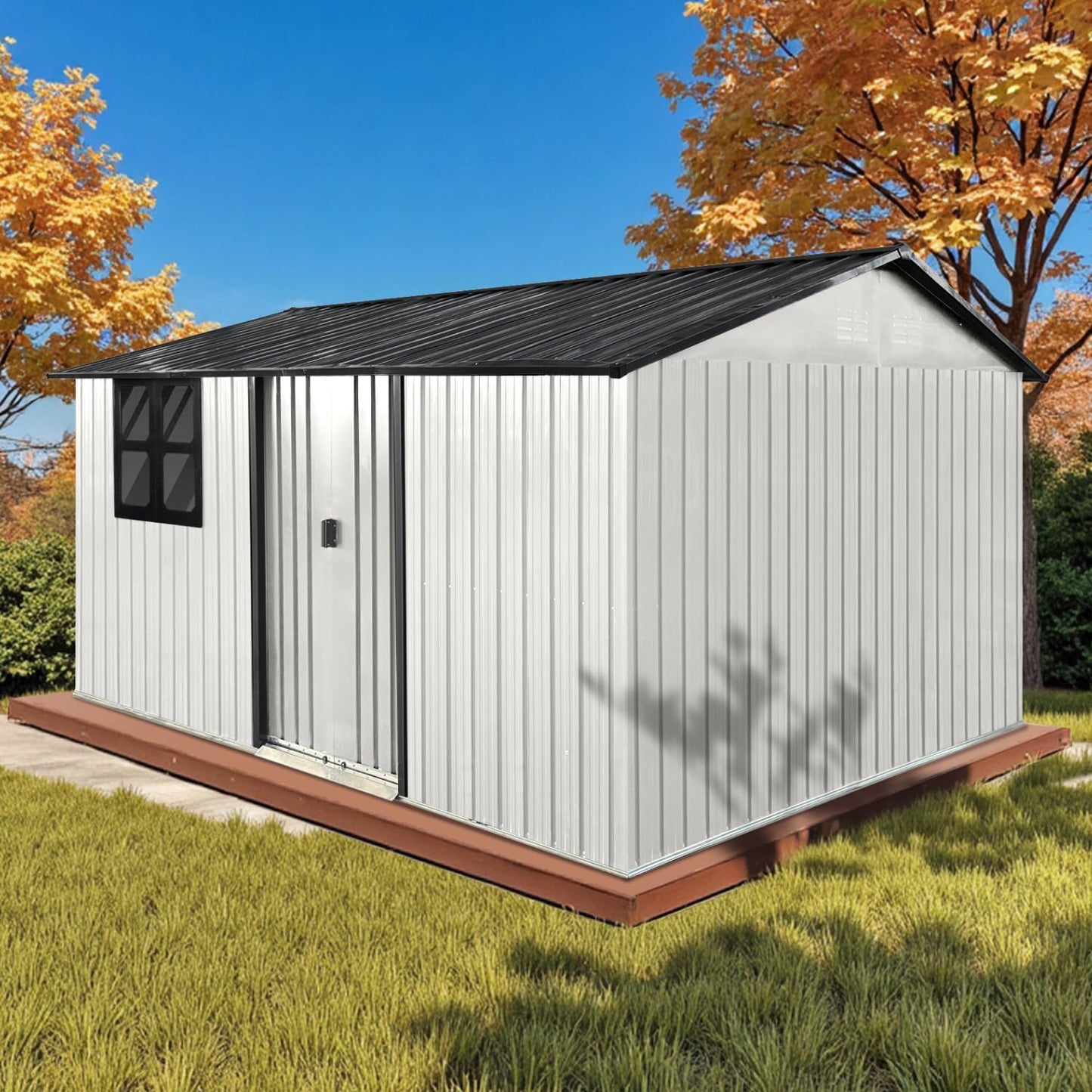 12x10 Ft Storage Shed Outdoor, XL Permanent Steel Building with Window, Sliding Doors and 4 Air Vents for Backyard Garden Patio Lawn - Black