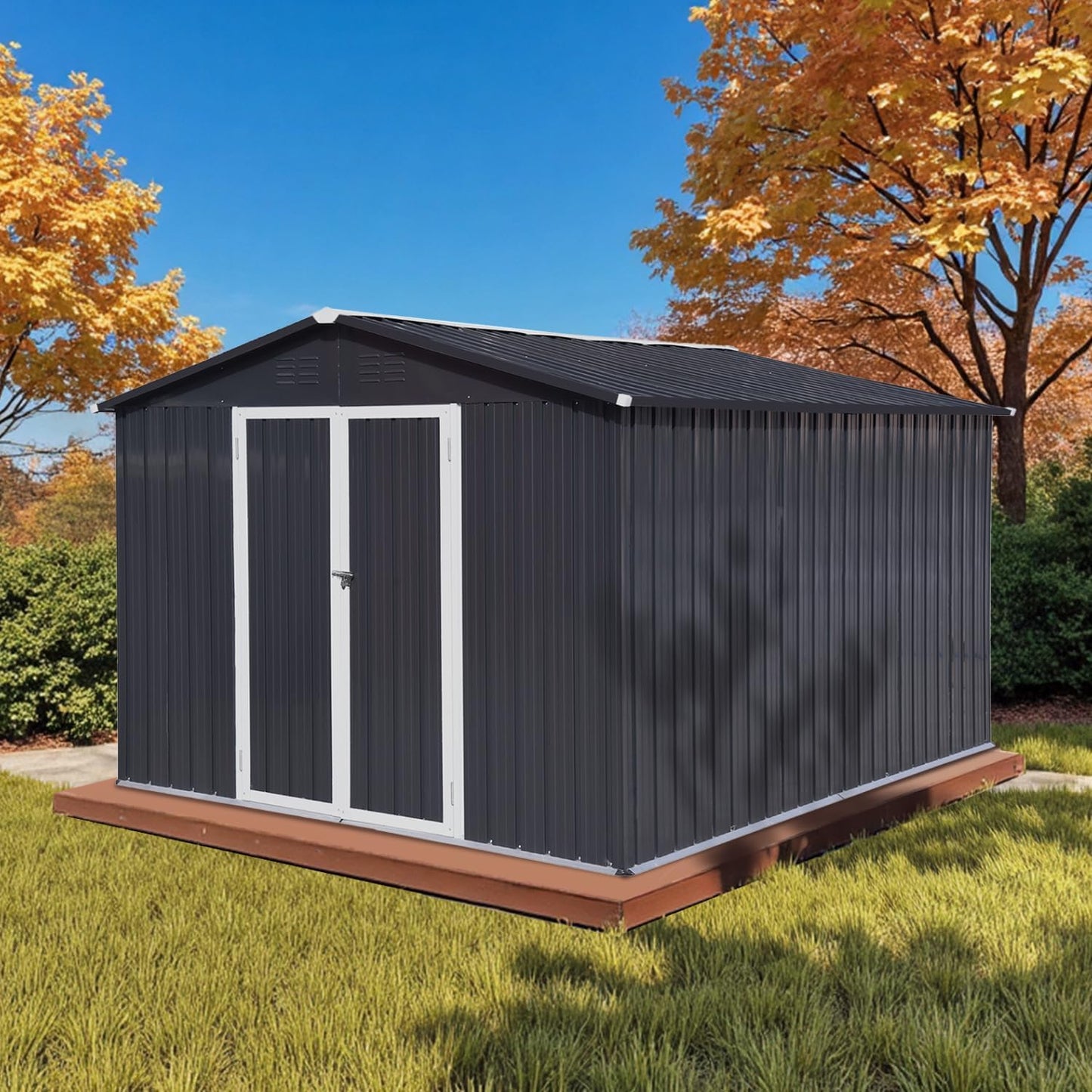 12x10 Ft Storage Shed Outdoor, XL Permanent Steel Building with Window, Sliding Doors and 4 Air Vents for Backyard Garden Patio Lawn - Black