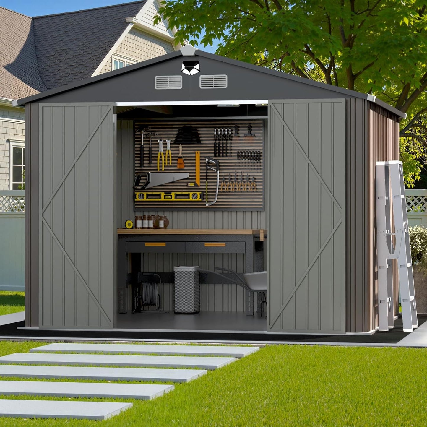 10x12 FT Outdoor Storage Shed,Metal Tool Sheds,Waterproof Outside Storage Shed with Lockable Doors & Air Vent,Storage Building for Backyard Garden