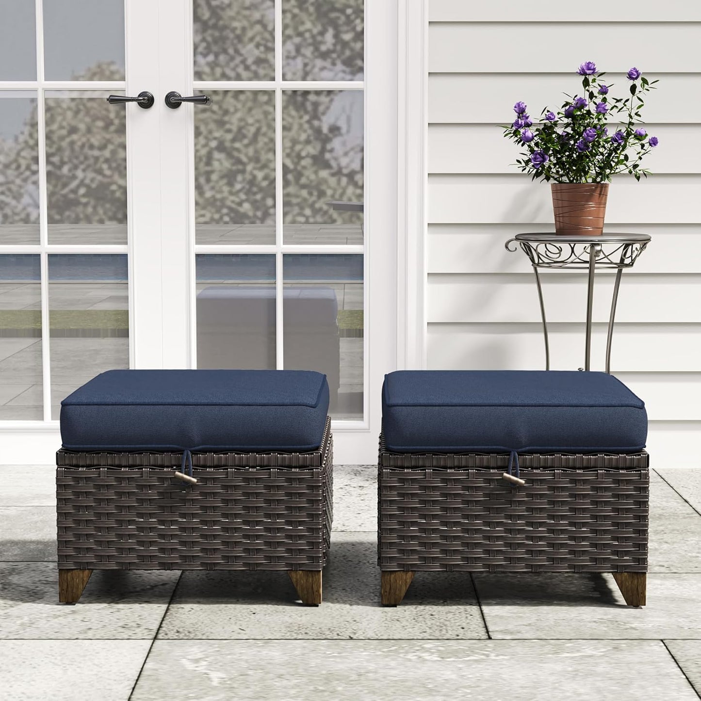 77'' Patio Sofa, All Weather Outdoor Rattan Wicker 3-Seat Sofa High Back Couch with Premium Cushions for Garden Backyard Porch(Brown/Navy)
