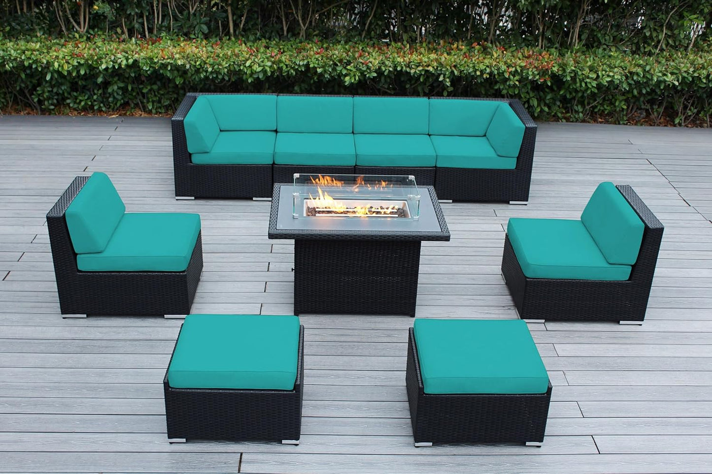 7 Piece Outdoor Patio Furniture Black Wicker Conversation Set with Fully Assembled Sectional and 42-inch Propane Gas Fire Table